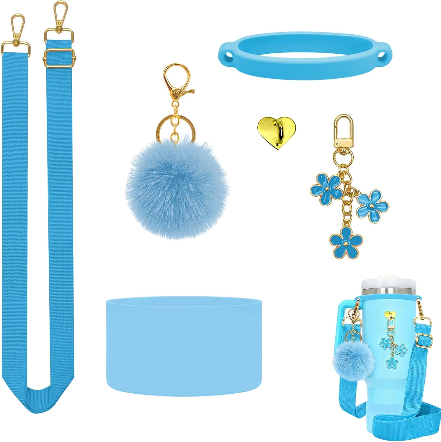 6Pcs Accessories for Stanley Cup 40 oz,Adjustable Handle Strap,Plush Ball,Flower Charms,Rubber Ring,Heart-Shaped Hook,Charms,Siliocne Boot for Stanley 40oz Tumbler