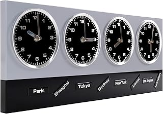 DESIGN DELIGHTS Horloge Murale Moderne en métal, 4 mouvements, aimants avec 8 métropoles du Monde Entier | Horloge de Bureau à Suspendre | Couleur : argenté/Noir