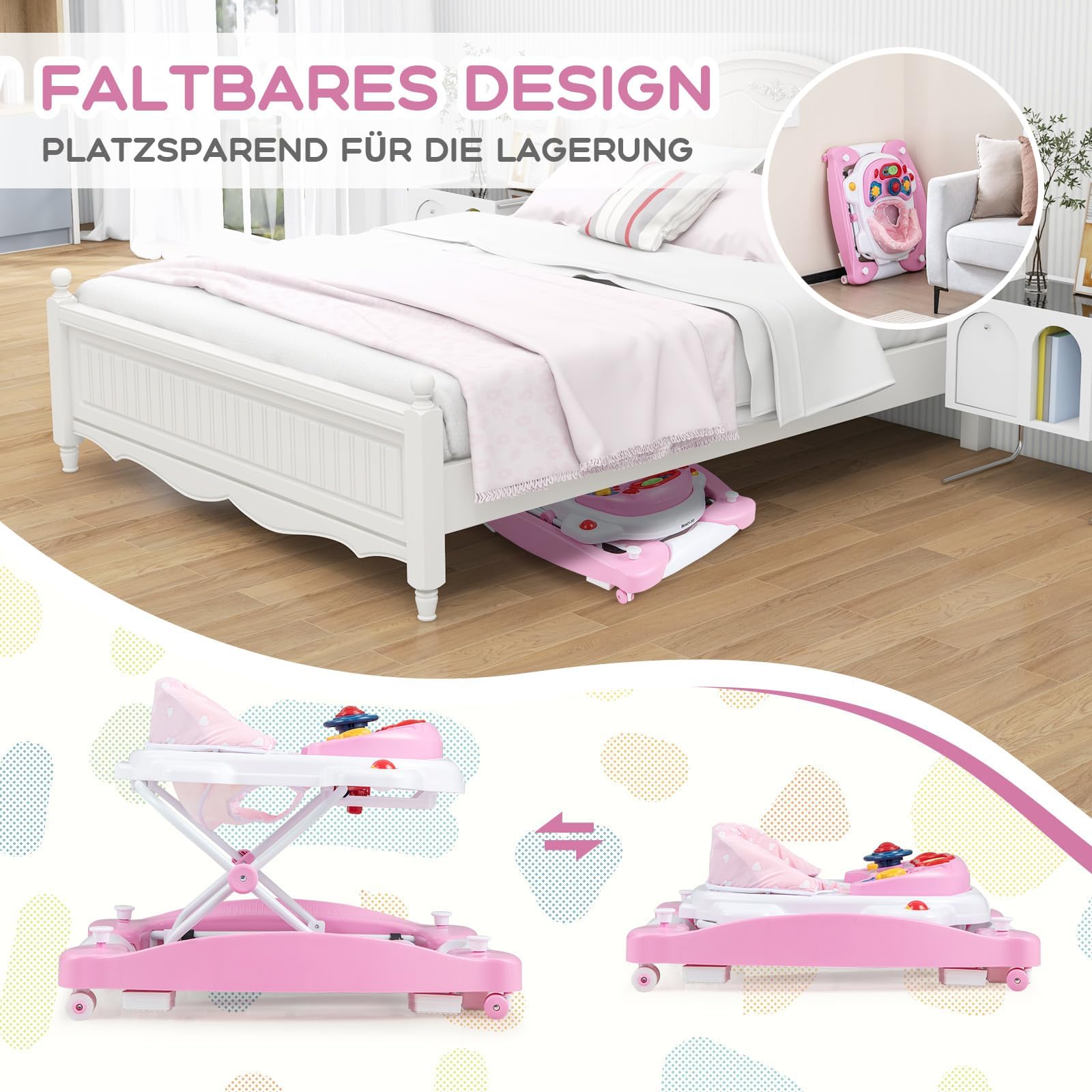 COSTWAY 6 in 1 Lauflernhilfe, Lauflernwagen mit abnehmbarem Spielboard & Fußpolster, Baby Walker höhenverstellbar & klappbar, Laufwagen mit Musik & Licht, Gehfrei baby ab 6 Monaten (Rosa)