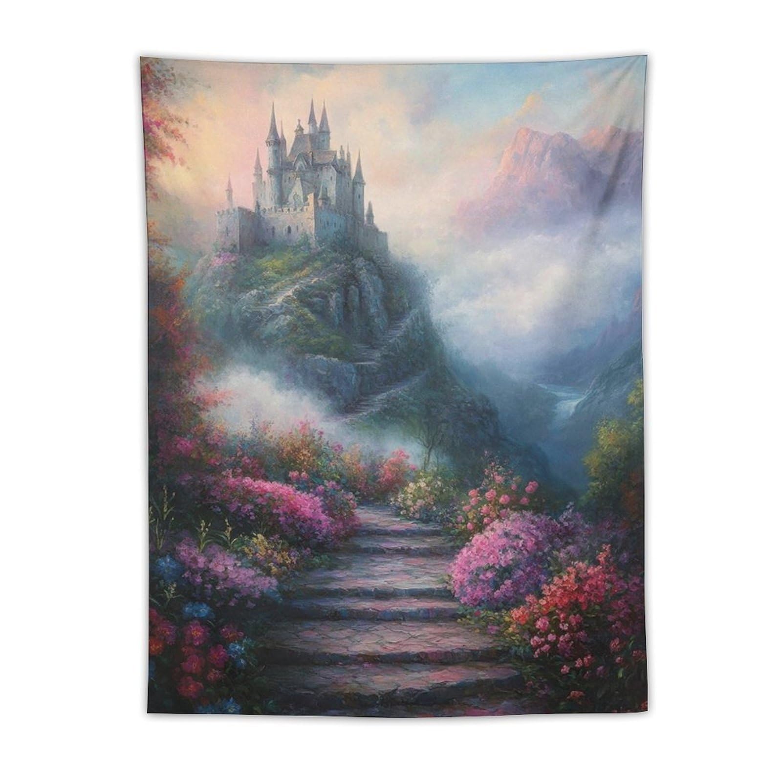 Magical Mountain Castle Stairway Tapestry Wall Hanging Fantasy Cliff Valley Landscape Art For Living Room Bedroom Dorm Apartment Fairycore Boho Adventure Decor30 x40 Tapestry