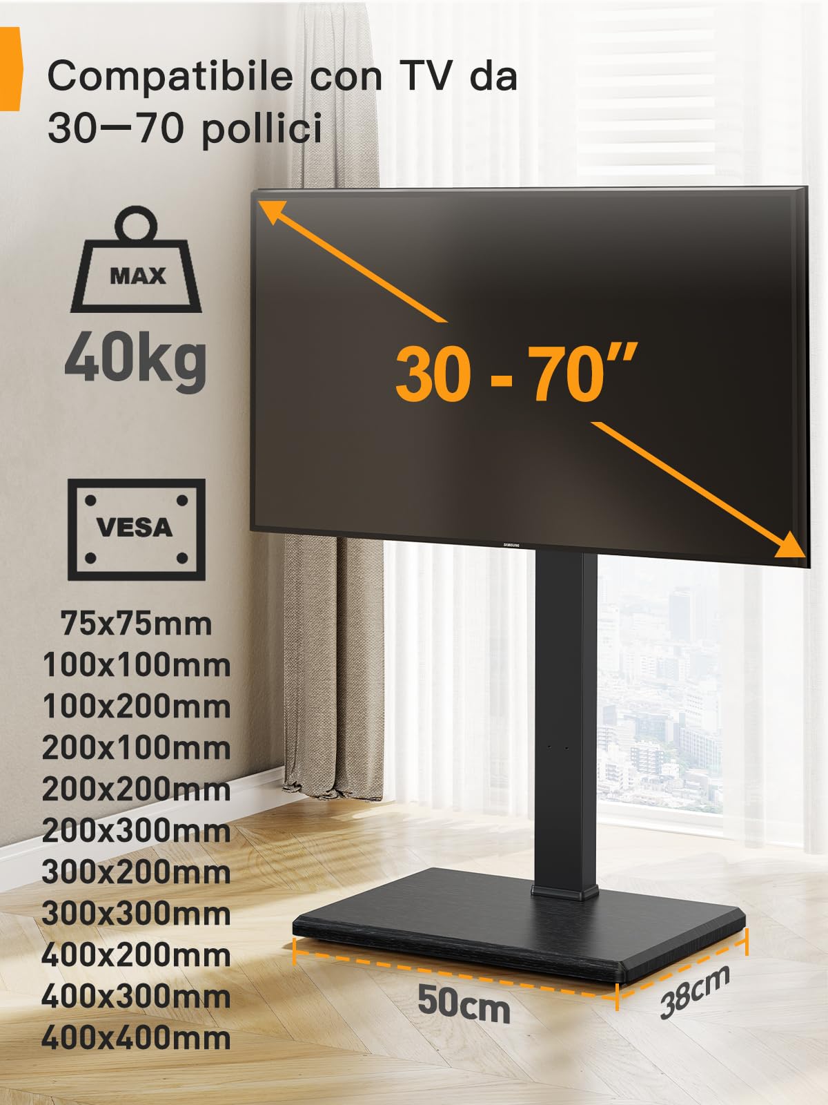 PERLEGEAR Supporto TV da pavimento universale per TV da 30 a 70 pollici Fino a 40 KG, porta TV da terra regolabile con rotazione e inclinazione, 8 altezze regolabili, VESA Max 400x400 mm