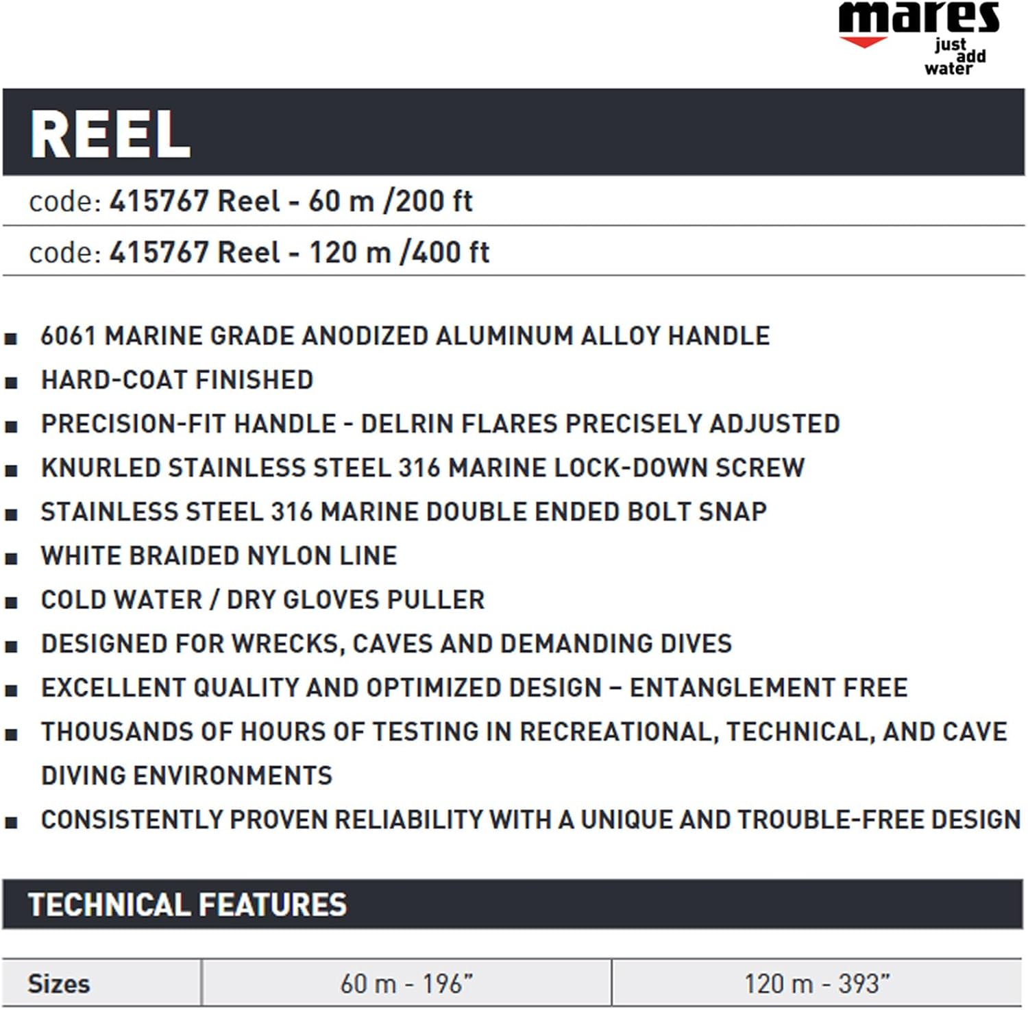 Mares Dive Reel | Durable Tangle-Free 6061 Anodized Aluminum Reel with Stainless Steel Components for Wreck & Cave Diving | Compact Reliable Design with Secure Grip Handle, 120 m /400 ft