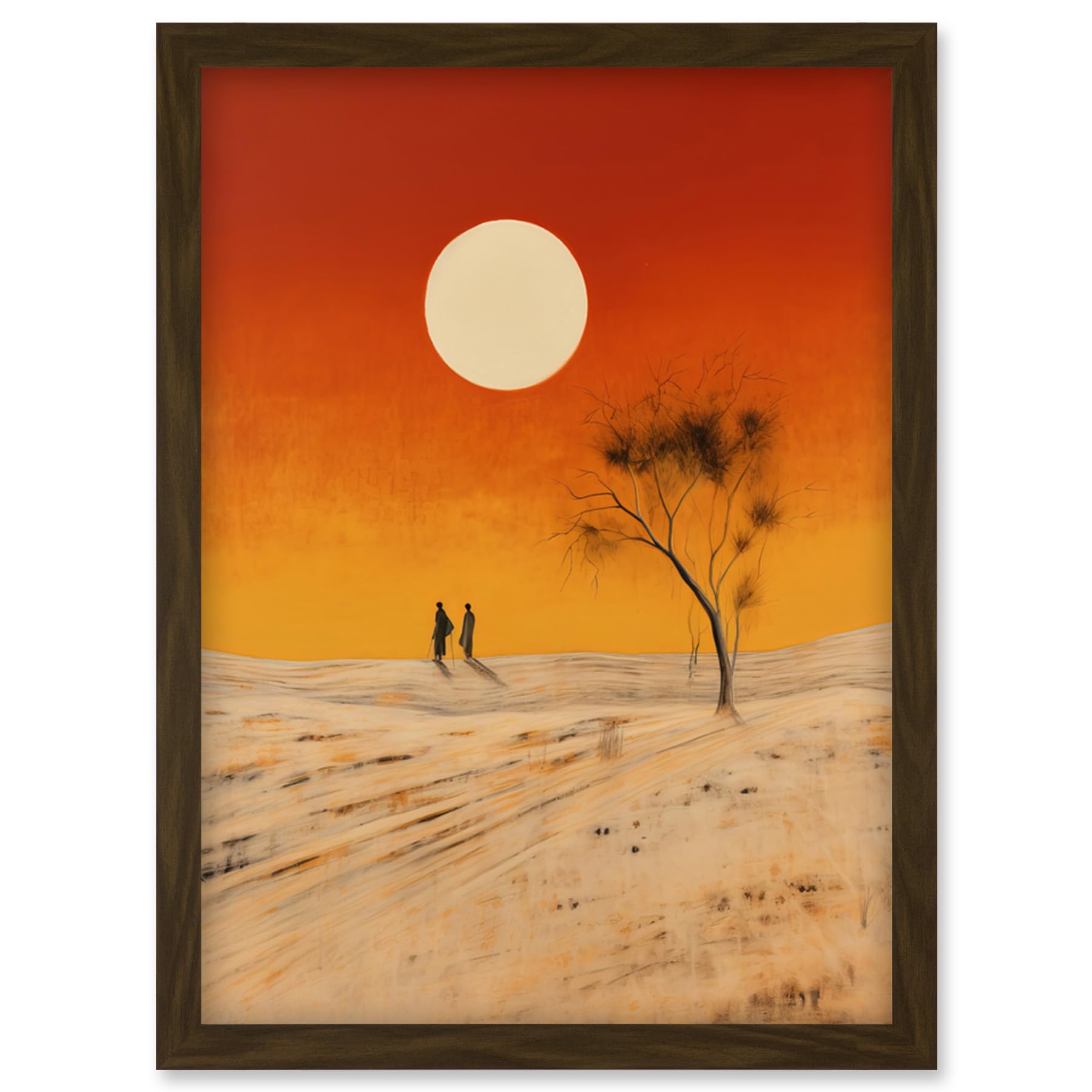 A4 Framed Print - Desert Landscape Sunset Sun Oil Painting - Amber Orange Yellow Windswept Dunes Artwork