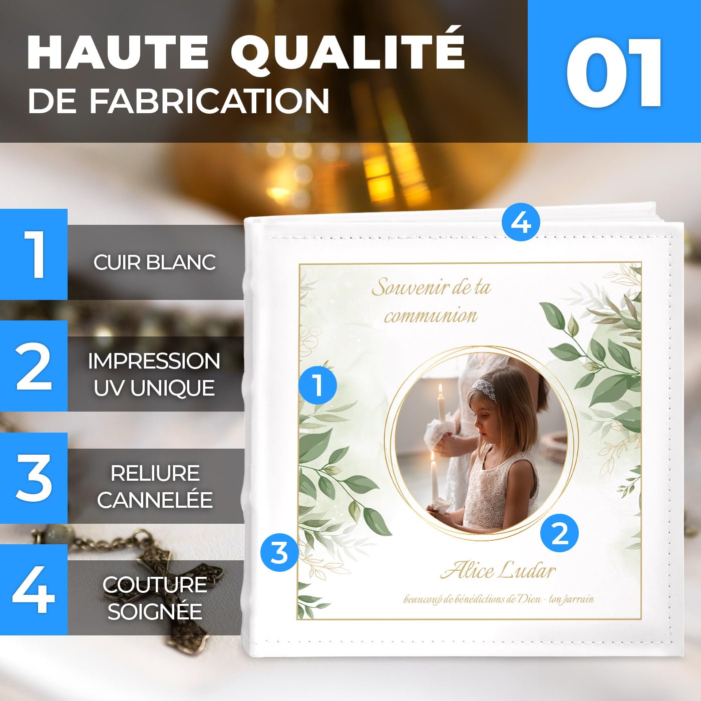 Maverton Album photo à pochettes, Album Photo à personnaliser en cuir blanc, Cadeau pour la Première Communion, Livre photo imprimé pour un enfant - communion privée