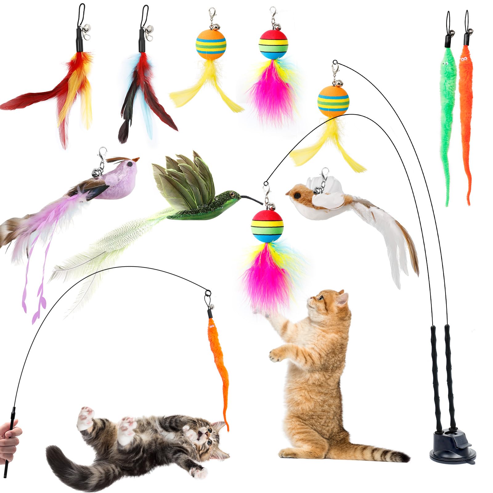 AiQInu 12 Stück Katzenspielzeug Interaktive, Katzen Katzenangel mit 2 Saugnäpfen, Glöckchen Vögeln Feder Raupe Katzen Spielzeug, Intelligenz Spielzeug für Katzen Zauberstab
