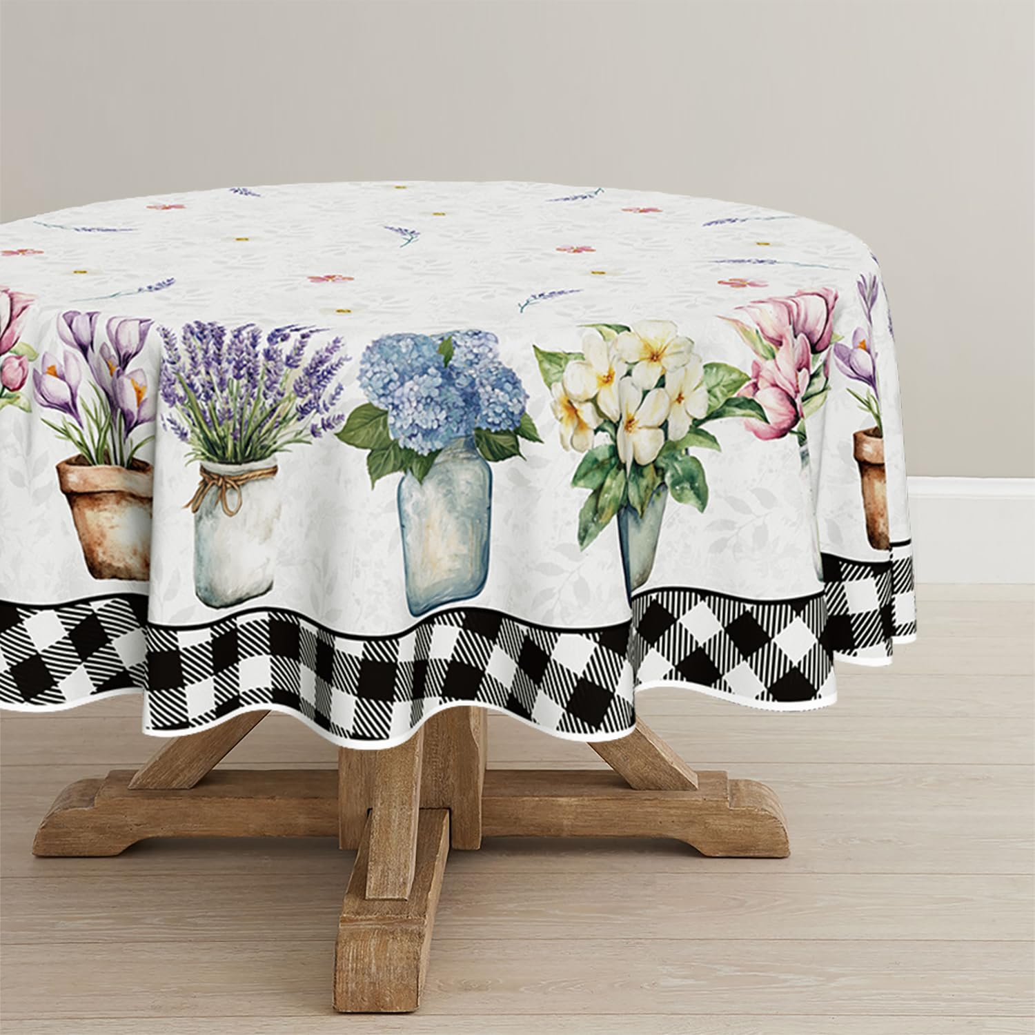 Horaldaily Spring Summer Tablecloth 70x70 Inch Round, Easter Watercolor Tulip Lavender Hydrangea Vase Blooming Floral Table Cover for Party Picnic Dinner Decor