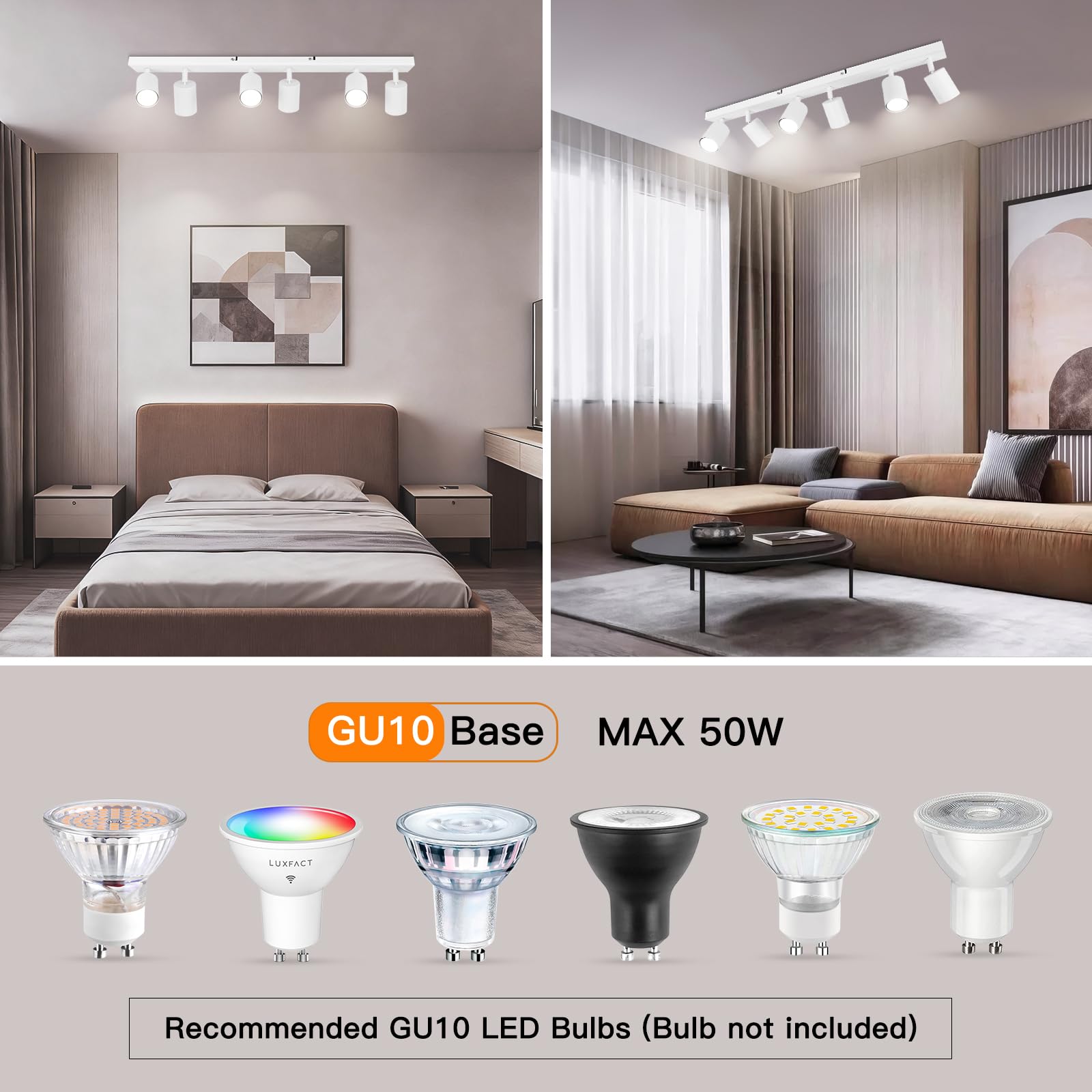 Ketom Faretti da Soffitto Orientabili Bianco, GU10 Lampada Faretti LED Soffitto, Faretto da Parete Moderna, Plafoniera LED con 6 Faretti per Cucina, Cameretta, Senza Lampadina