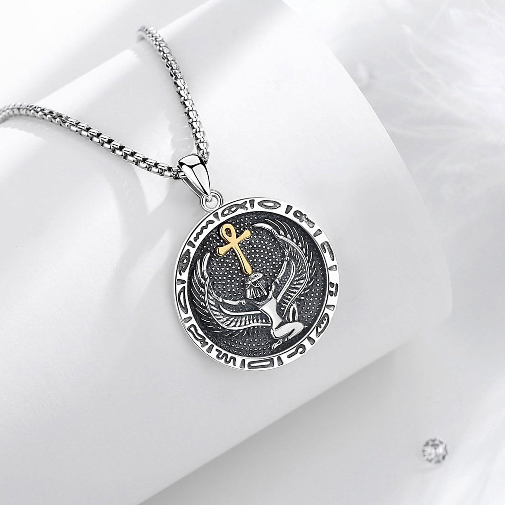 EUDORA Sterling Silber 925 Anubis Kette Isis Medaillon für Damen Herren, Antikes Ägypten Sensenmann Anubis Amulett Energie Halskette Anhänger, Vintage Ägypte Runen Schmuck Geschenk für Herren Frauen