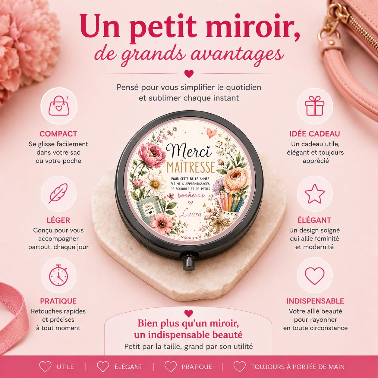 Miroir de Poche Merci Maîtresse Personnalisé – Cadeau Maîtresse Fleuri Fin d'Année Scolaire – Cadeau Institutrice avec Prénom – Miroir Compact Femme