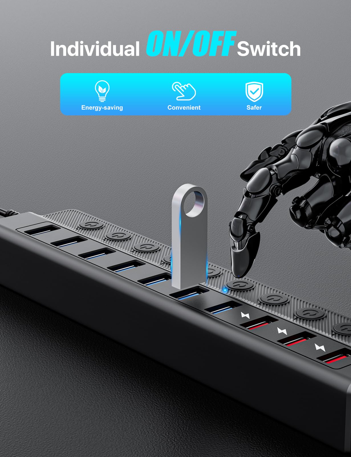 ONFINIO Hub USB alimenté par alimentation, hub répartiteur USB à 10 ports (7 ports de transfert de données plus rapides + 3 ports de charge intelligents) avec interrupteurs LED
