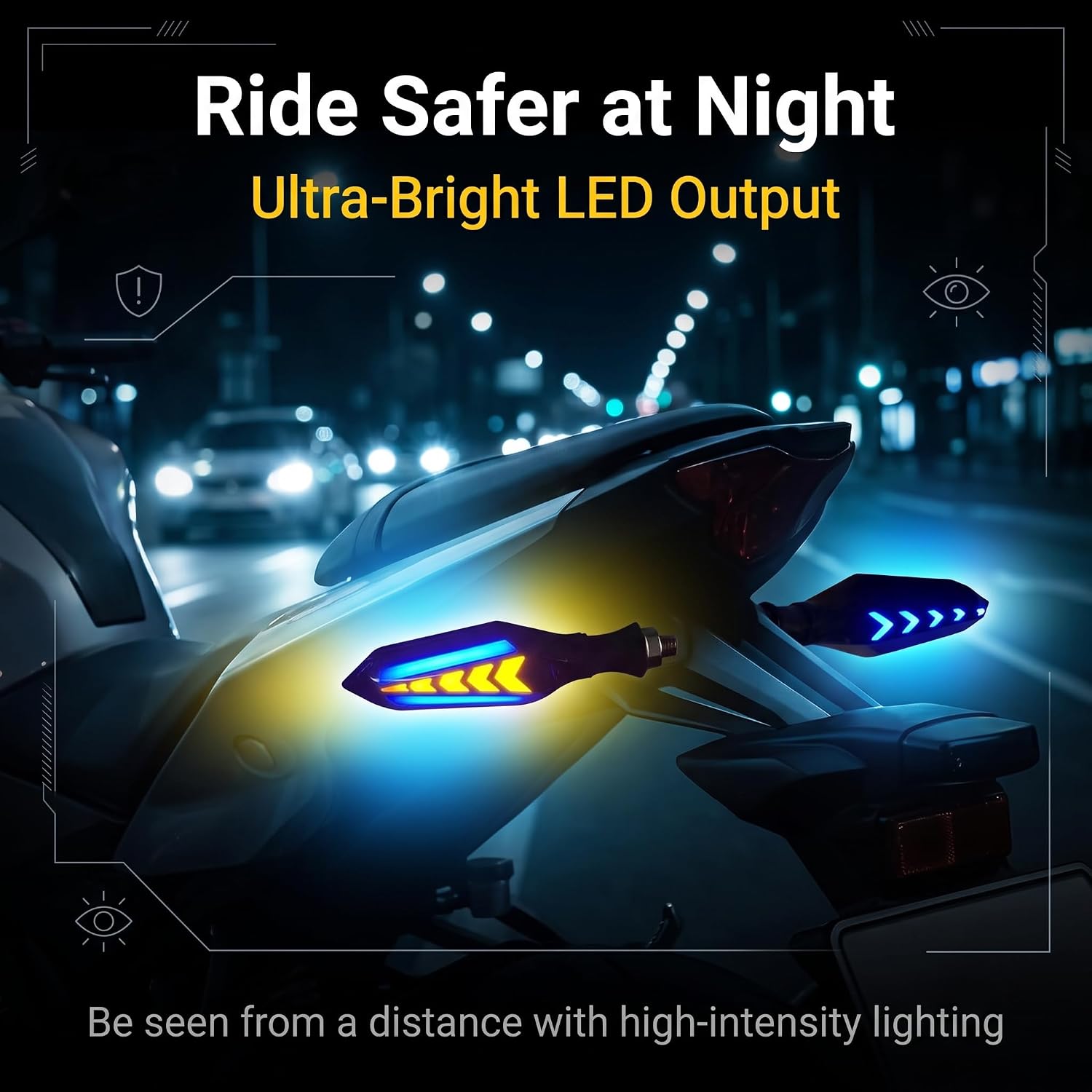 4 PCS Motorcycle LED Turn Signals, Arrow Shape Flowing LED Indicator Lights with Daytime Running Lamps, Double-Sided Sequential Blinker, Universal Fit for Motorcycles Cruisers (Blue)