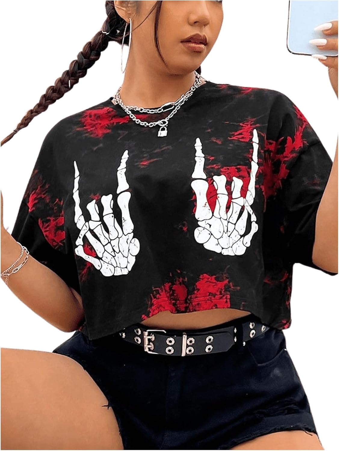 SOLY HUX Women's Plus Size T Shirt Tie Dye Skull Graphic Print Half Sleeve Tee Crop Tops - Image 4