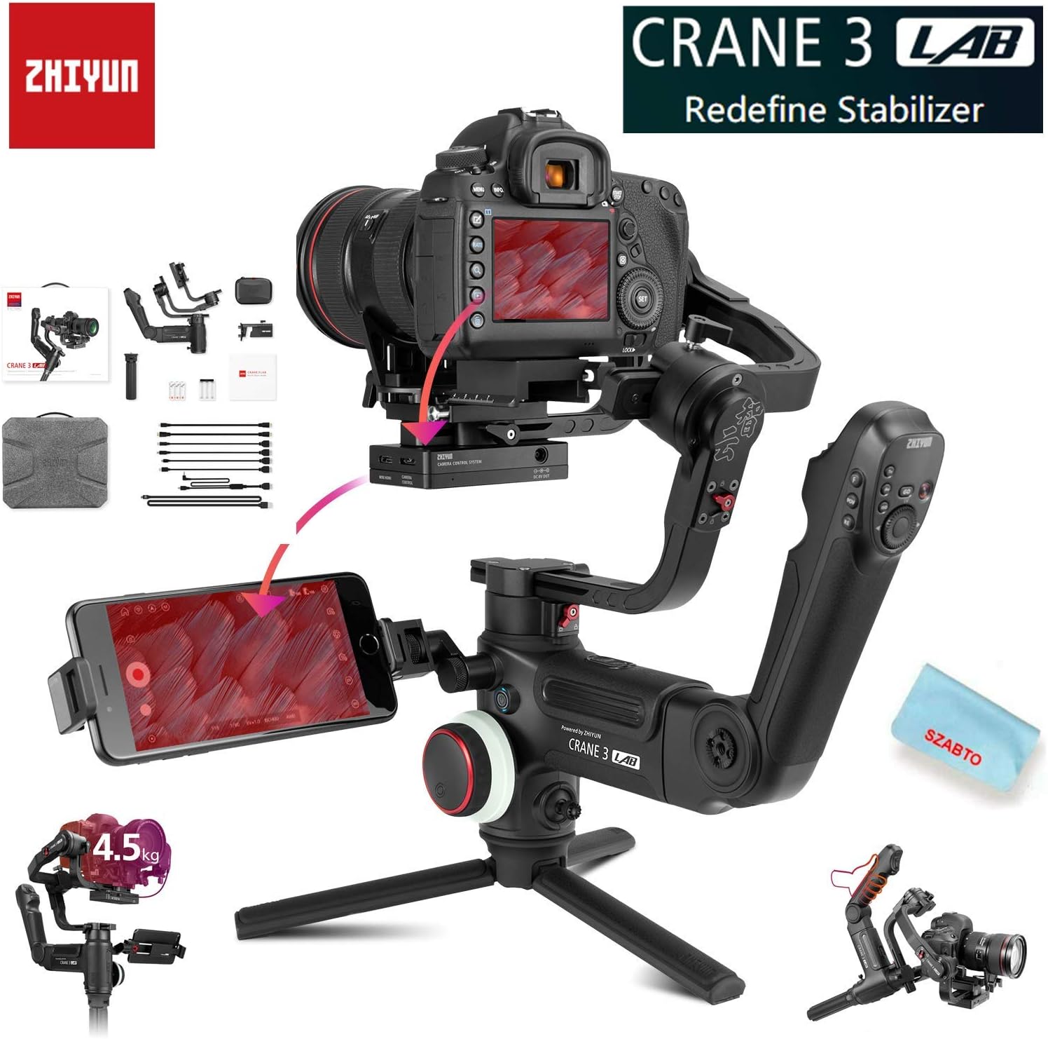 Zhiyun Crane 3 LAB 3-Axis Handheld Stabilizer Gimbal for Mirrorless/DSLRs Cameras and Smartphone(Not Include Phone Holder and Servo Follow Focus),1.10lbs-9.92lbs Payload
