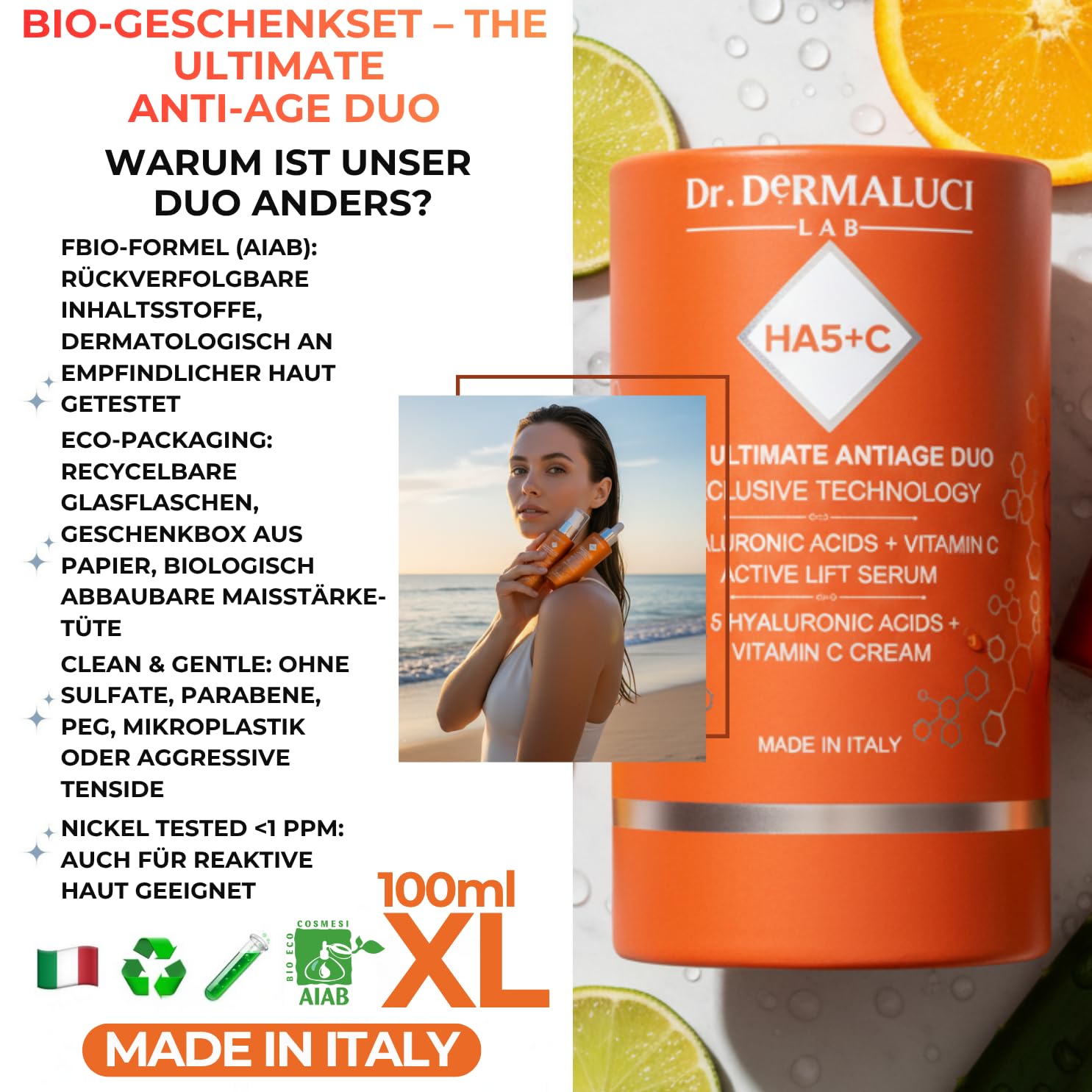 Dr. Dermaluci Lab - Geschenkset Damen/Herren Geburtstag BIO - Anti-Falten, Feuchtigkeit, Strahlend - Vitamin C Serum + Creme 5 Hyaluronsauren 2x100ml - Hexapeptid, Centella - Made in Italy
