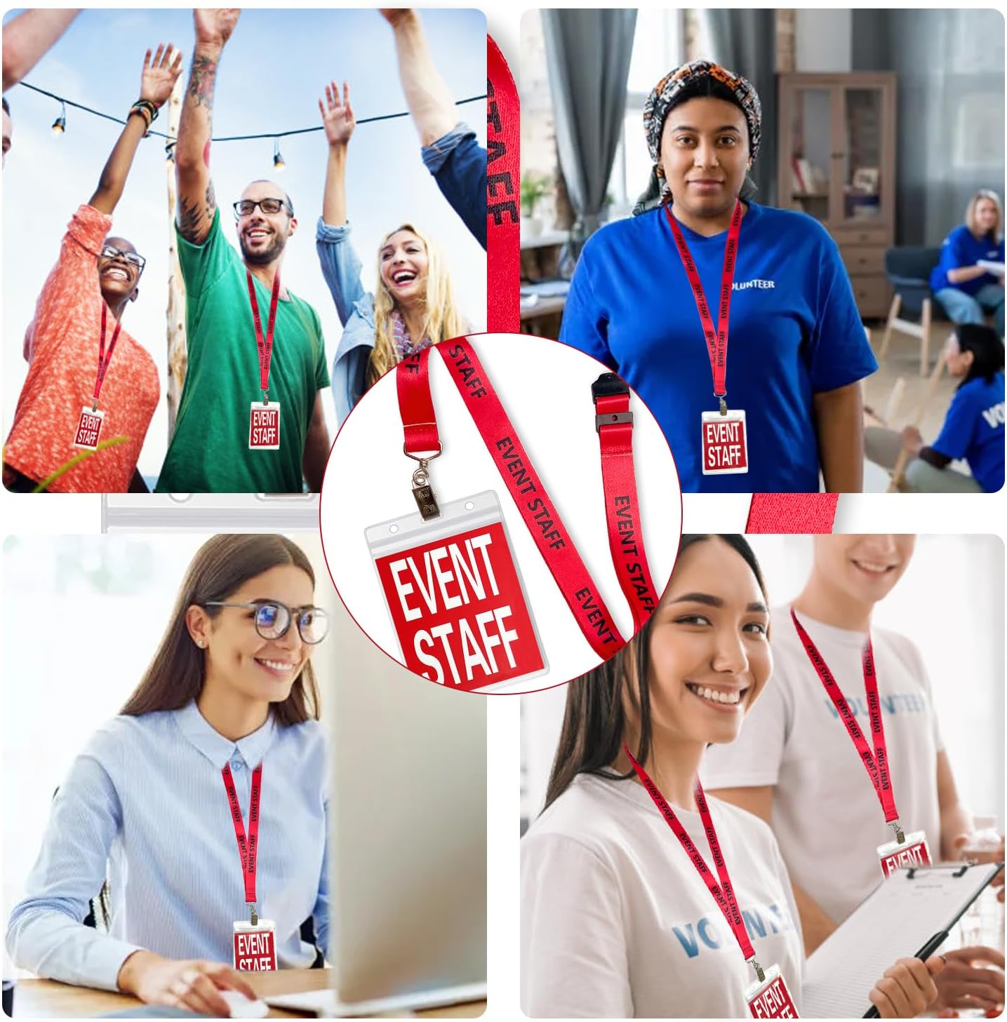 25Pcs Event Staff Lanyard with ID Holder, Horizontal Badge Holder, Red Volunteer ID Breakaway Lanyard