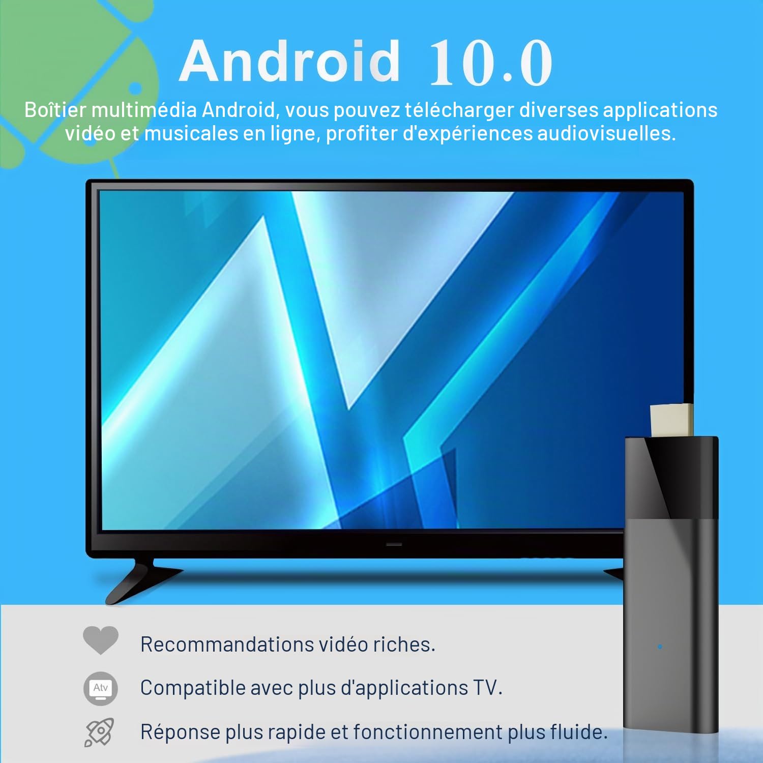 Q6 Mini clé TV + télécommande vocale Bluetooth Android 10 2 Go + 16 Go 2,4 G + 5 G WiFi + BT4.0 H313 Smart TV Box Android Facile à utiliser