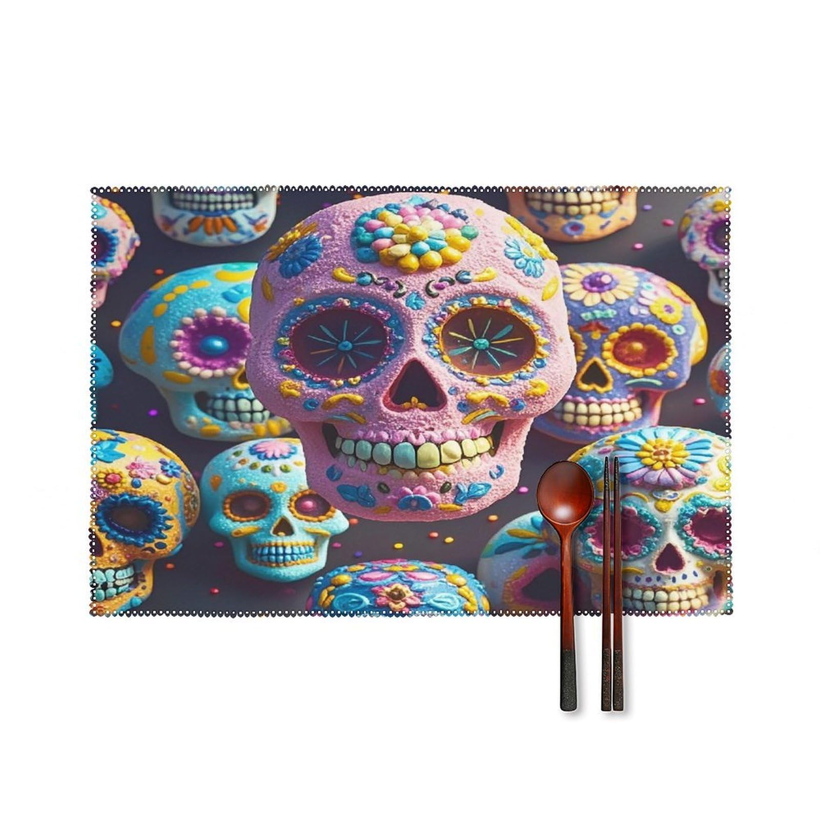 Sugar Skull Placemats Set of 6 Heat Resistant Non-Slip Place Mats Washable Wipeable Table Mats Elegant Farmhouse Placemat for Kitchen Dining Outdoor Party Table Decor