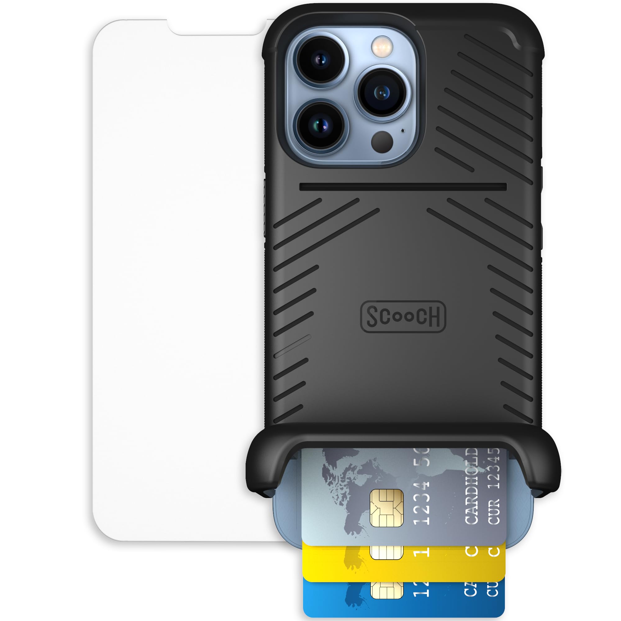 Scooch for iPhone 13 Pro Case with Card Holder, Wingmate Wallet Case Black, Bundled with Tempered Glass Screen Protector