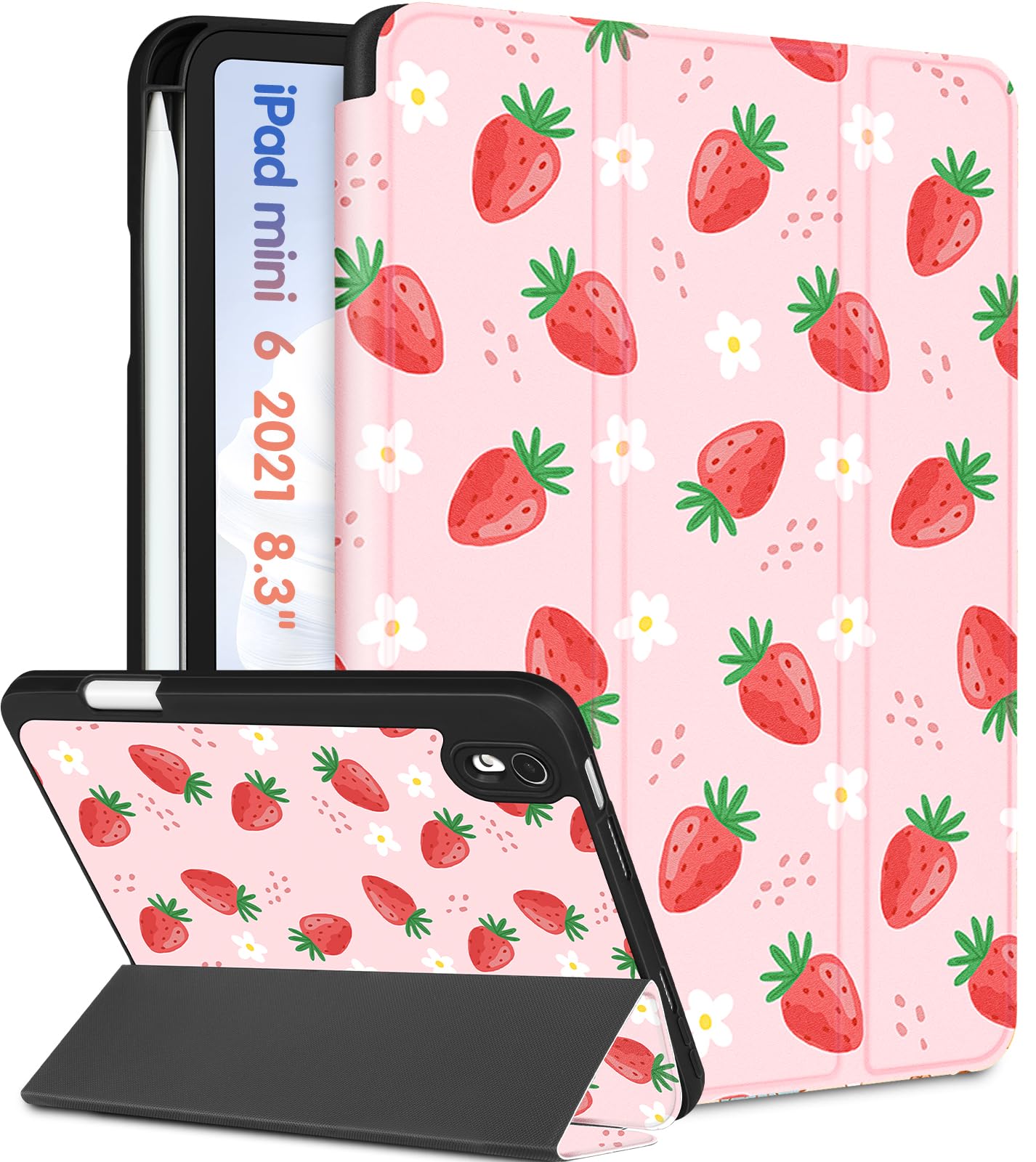 Wazzasoft for iPad Mini 7 Case - for iPad Mini 6th/7th Generation Cases Women Girl Cute Folio Cover Girly Strawberry Design Unique Pencil Holder for