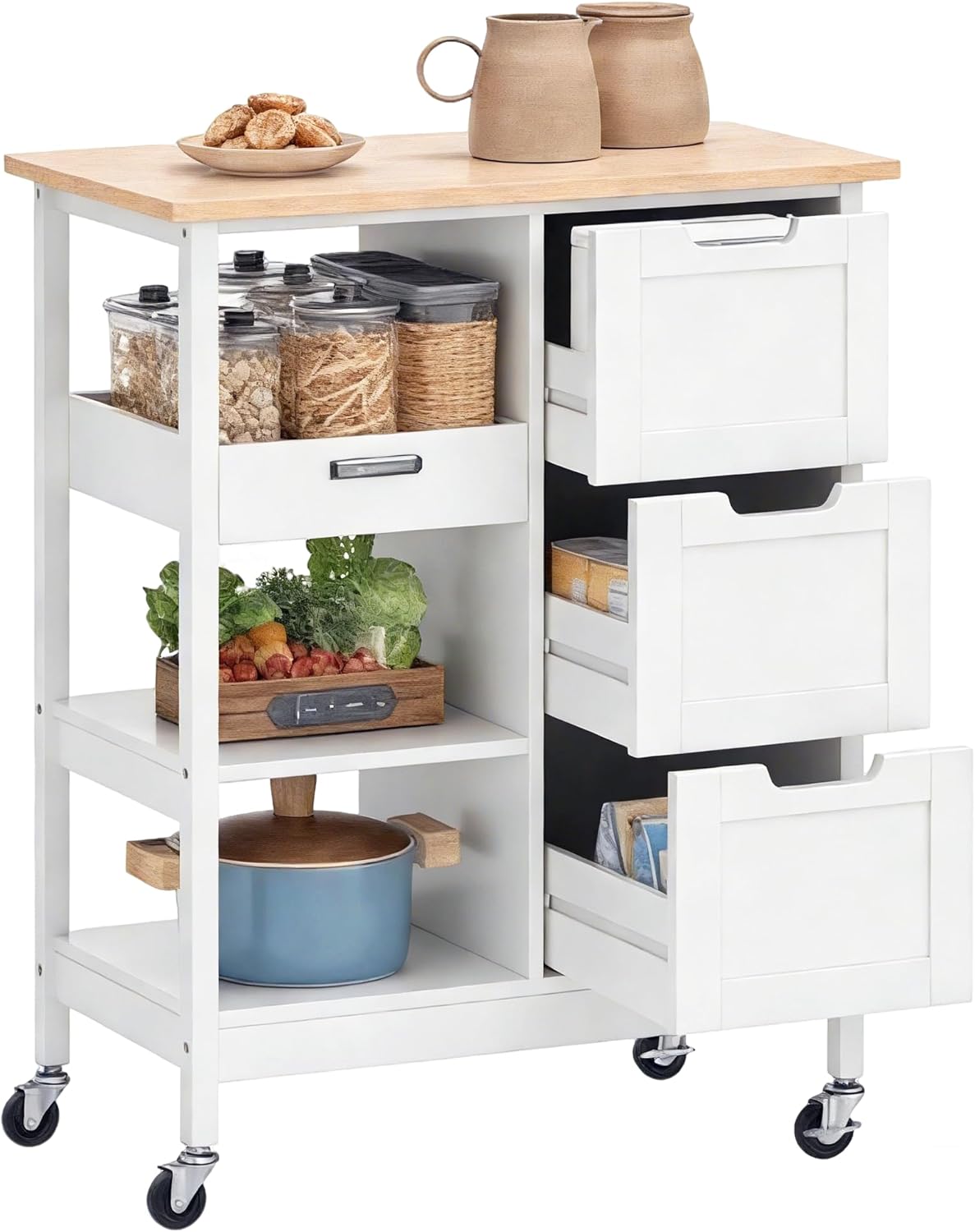 DWVO Solid Wood Top Rolling Kitchen Island Cart, 3 Tier Mobile Kitchen Storage Island Cart with 3 Drawers and 3 Opening Storage Shelves for Kitchen & Dining Area, White