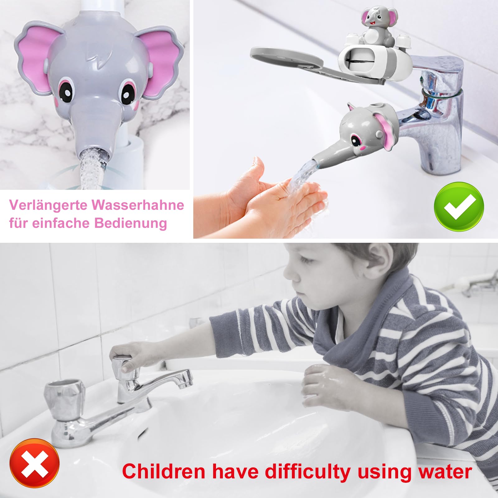 Prolongateur Extension Poignee Robinet Enfant 1 Pièces Faucet Extender Rallonge De Robinet Design en Forme de éléphant Réglable pour Buse Deau Extender, Cuisine, Salle de Bain, Robinet Accessoires
