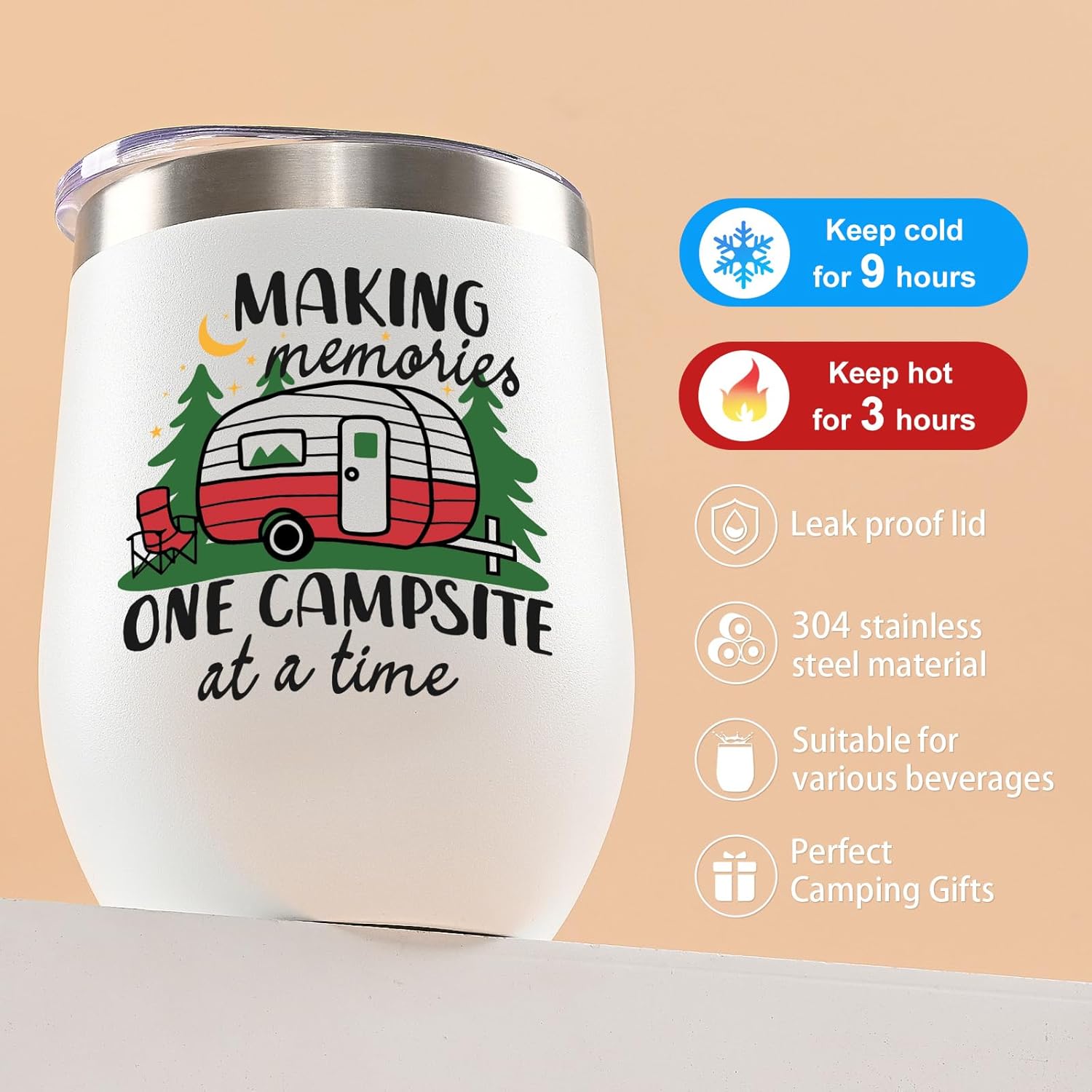 Lifecapido Camping Gifts 2 Pack 12oz Stainless Steel Wine Tumblers, Camper Holiday Christmas Gifts for Women Men Capmer RV Campers, White