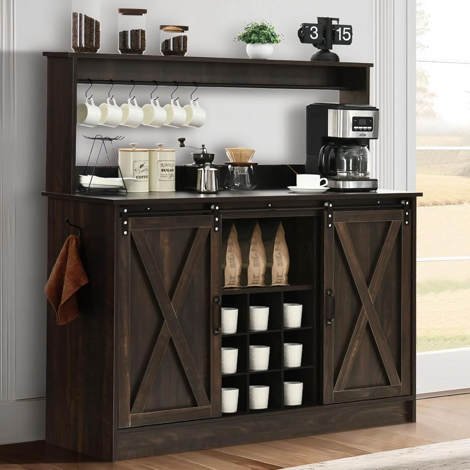 4ever2buy Farmhouse Wine Bar with 9 Wine Racks, 47