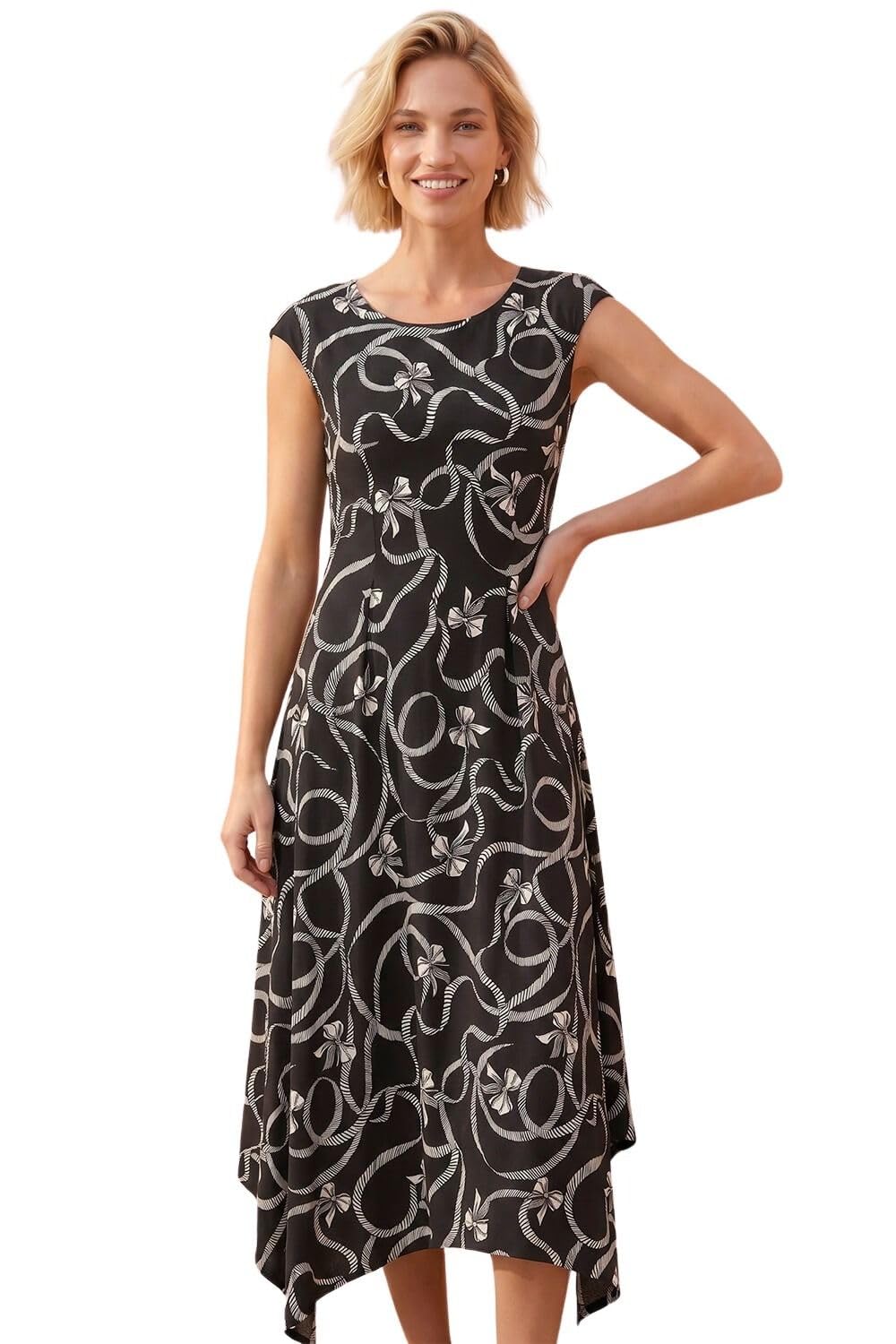 Roman Women's Black Bow Print Hanky Hem Maxi Dress In Size 14