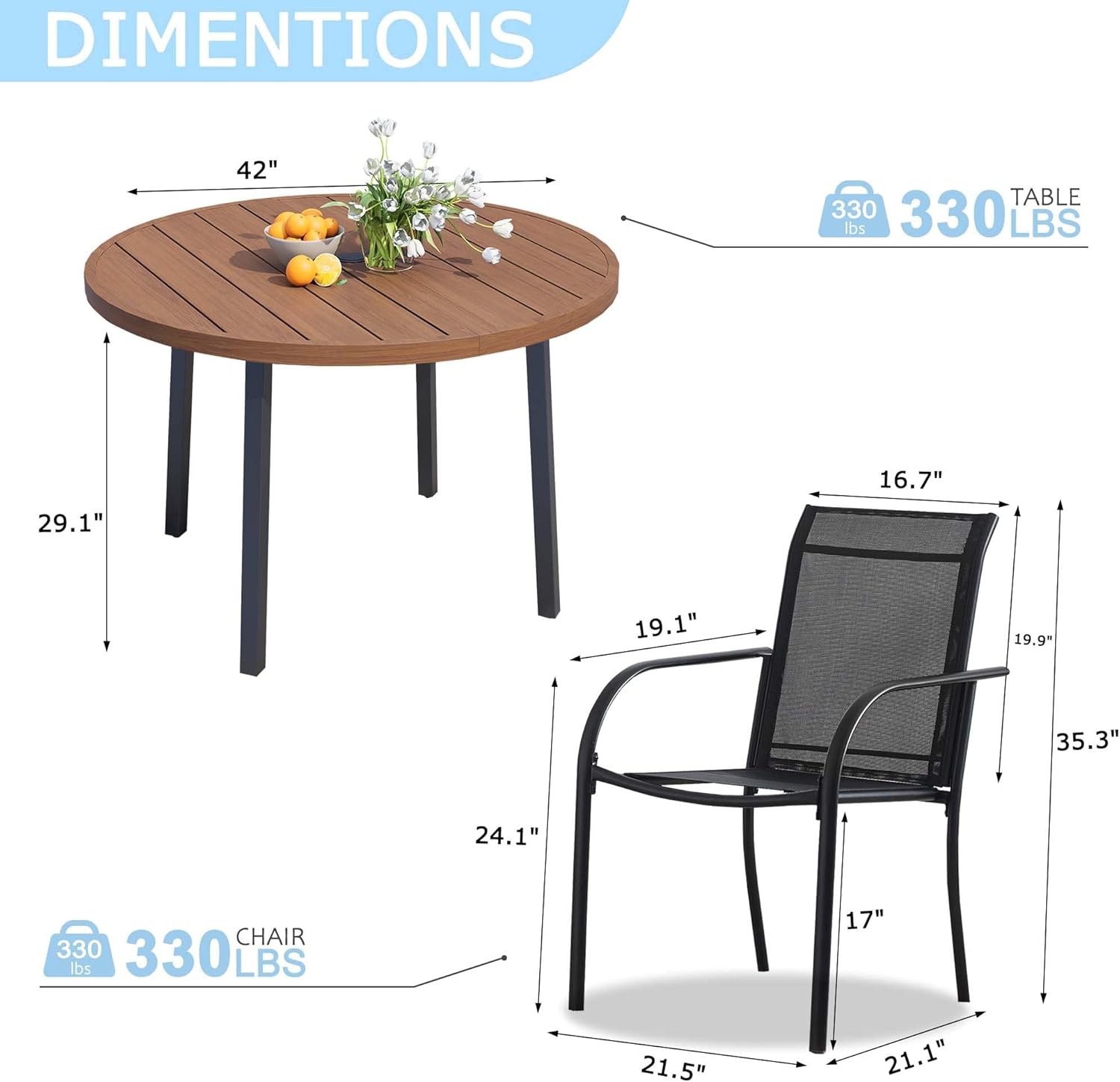 5 Pieces Patio Table and Chair Set of 4, Patio Furniture Set Includes 4 Black Stackable Lightweight Outdoor Chairs and 1 Walnut Round Table, Metal Tables and Chairs for Outside, Garden
