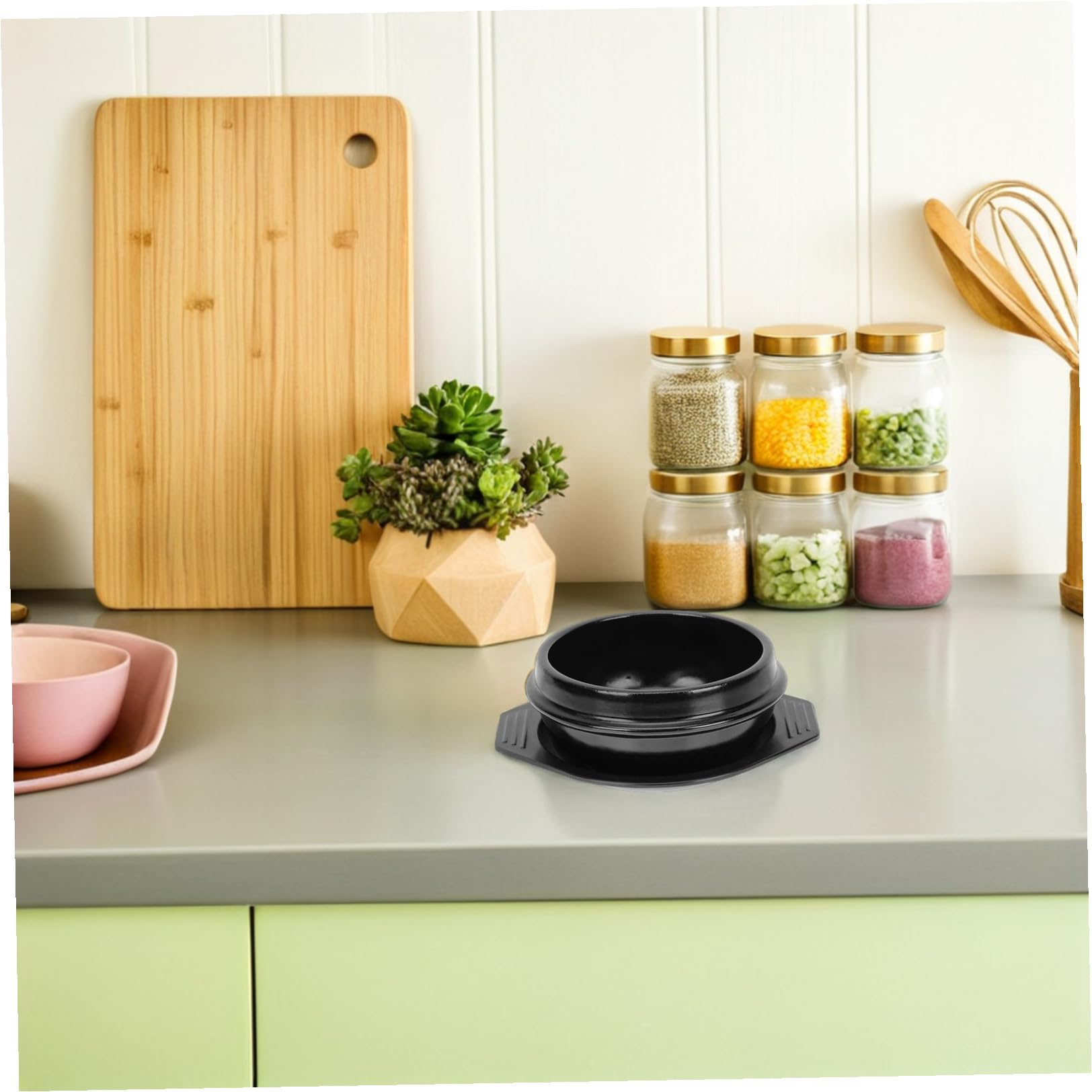 Bol Chaud en Pierre Coréenne 2pcs 800ml en Céramique avec Plateau, Bol à Bibimbap Noir Classique, Cuisson Sûre Cuisine Maison et Restaurant