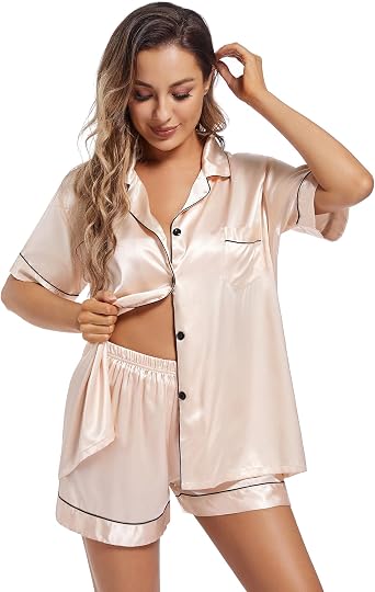 Fivali Women Silk Satin Pajamas Set: 2 Piece Soft Short Sleeve Sleepwear