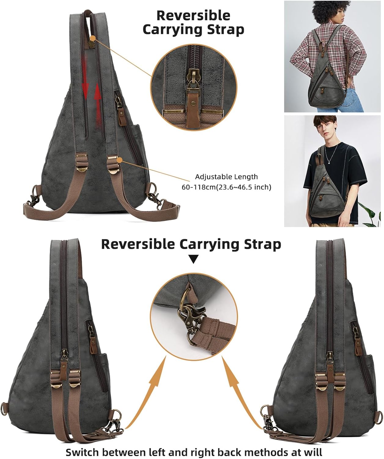 KL928 PU Leather Sling Bag - Small Crossbody Backpack Shoulder Casual Daypack Rucksack for Men Women - Image 3