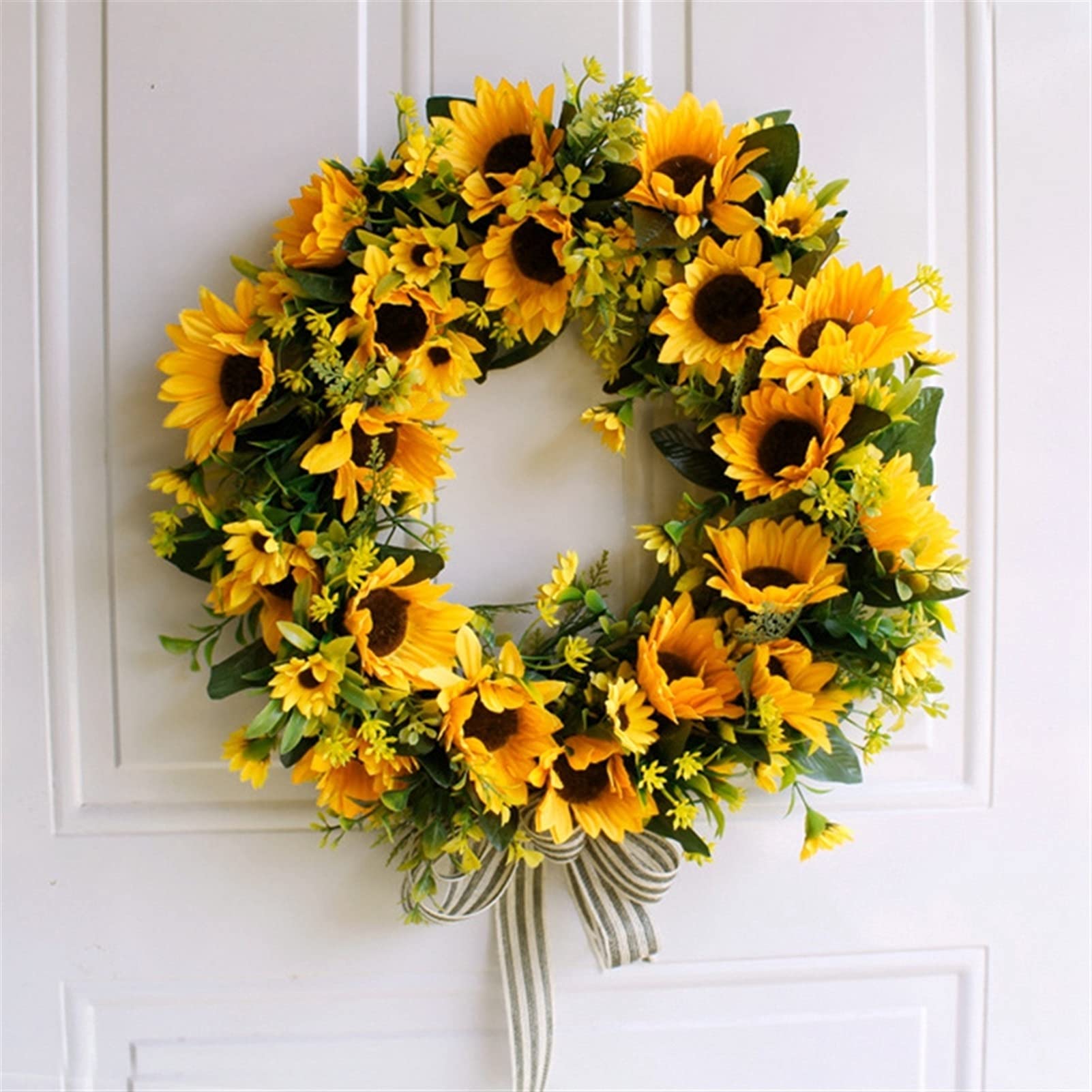16 inch Decorative Fake Flower Wreath with Yellow Sunflower and Green Leaves ，Practical Artificial Sunflower Summer Wreath