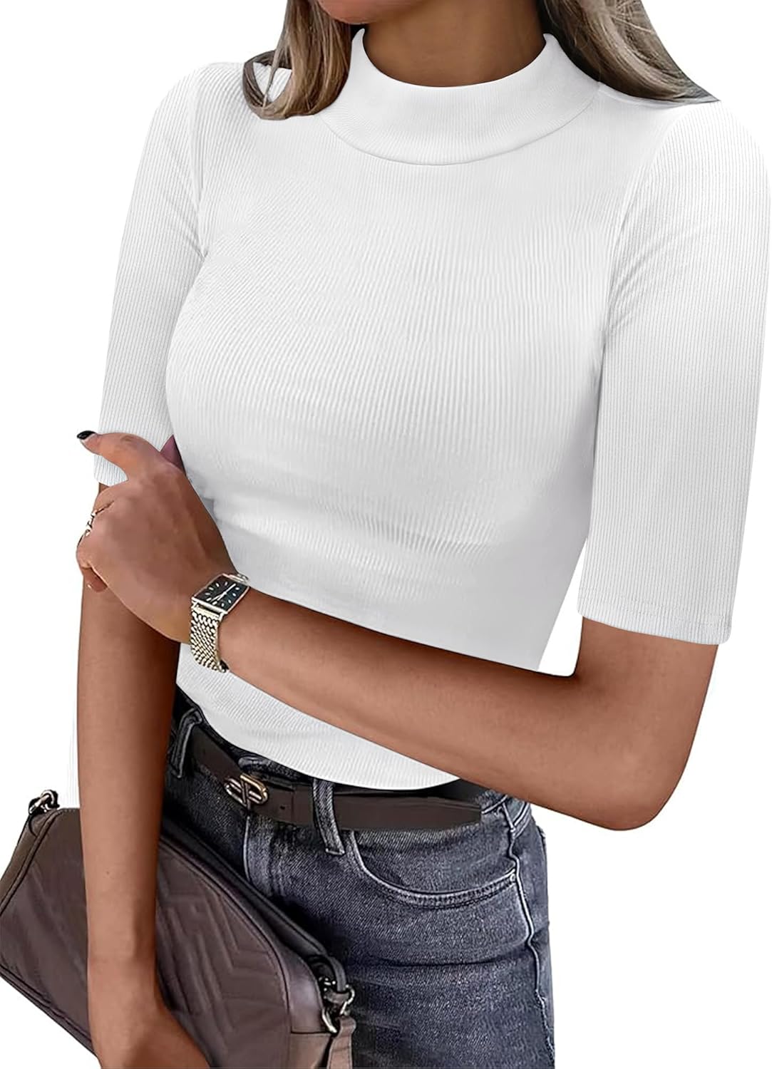 ANRABESS Womens Tops Mock Neck Half Sleeve Shirts Ribbed Knit Slim Fit Basic Tee 2025 Summer Fall Dressy Casual T-Shirts