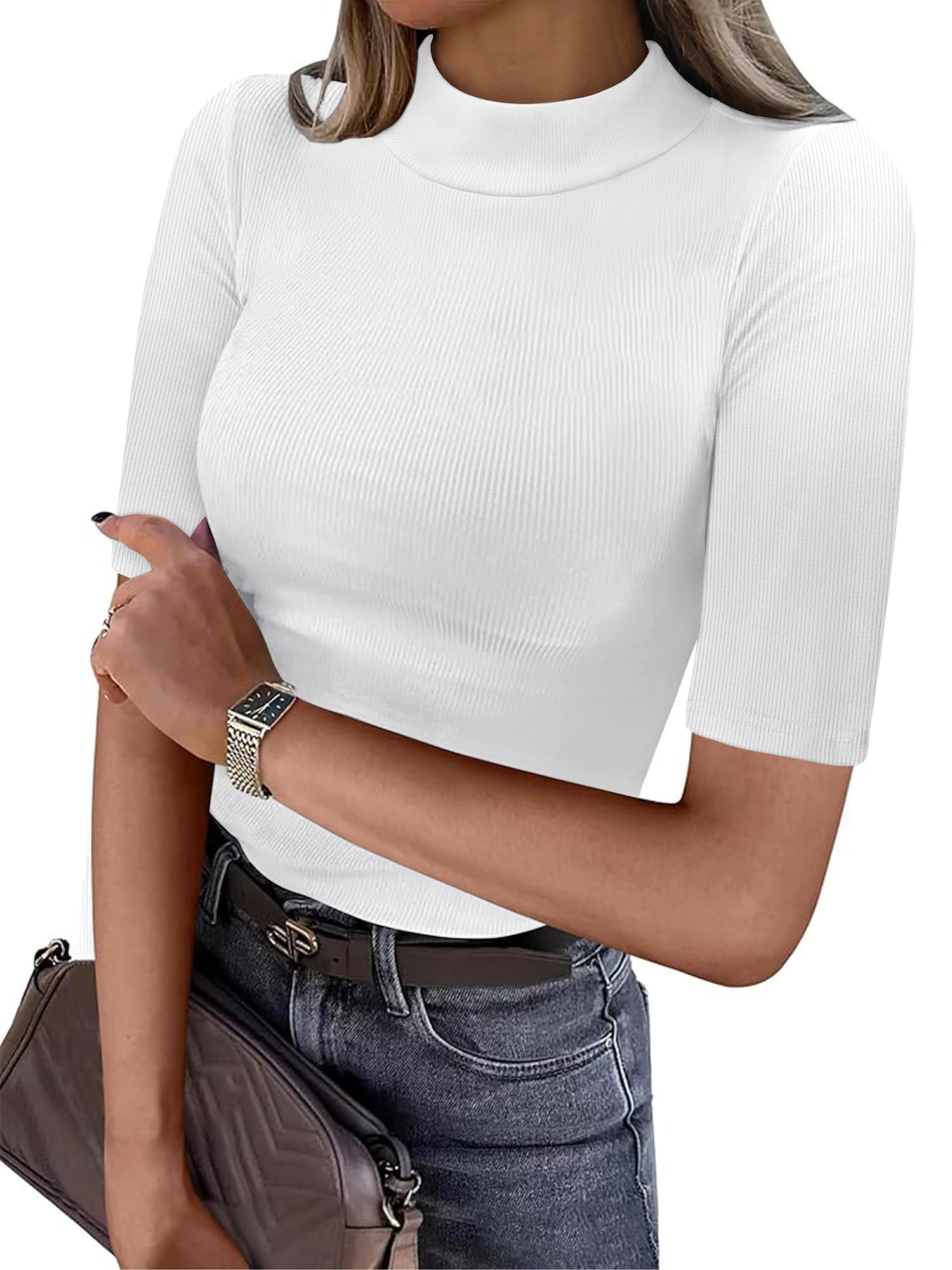 ANRABESS Womens Tops Mock Neck Half Sleeve Shirts Ribbed Knit Slim Fit Basic Tee 2025 Summer Fall Dressy Casual T-Shirts