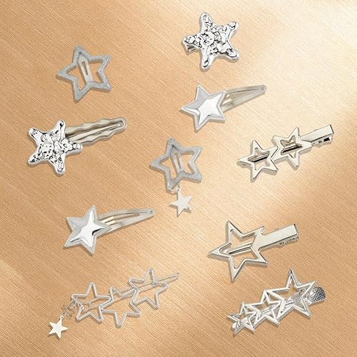 10Pcs Silver Star Hair Clips - Punk Kawaii Barrettes Set