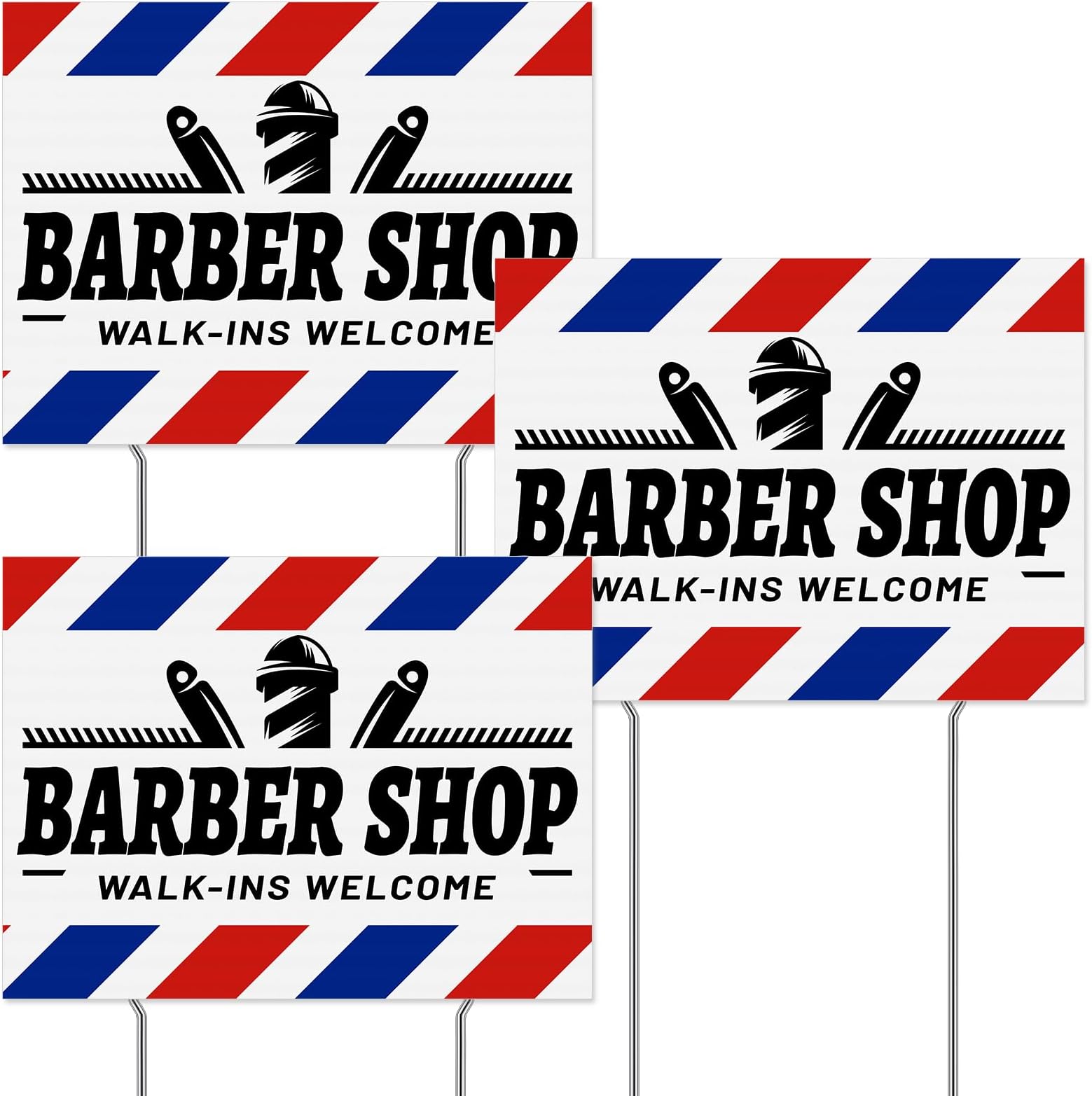 Therwen 3 Pcs Walk Ins Welcome Barber Sign 12 x 15.8 Inch Double Sided Barber Shop Sign Hairdresser Stripes Blue Barbershop Decor Outdoor Yard Signs with Stakes for Business Bar Cafe Garage(Classic)