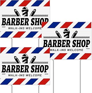 Therwen 3 Pcs Walk Ins Welcome Barber Sign 12 x 15.8 Inch Double Sided Barber Shop Sign Hairdresser Stripes Blue Barbershop Decor Outdoor Yard Signs with Stakes for Business Bar Cafe Garage(Classic)