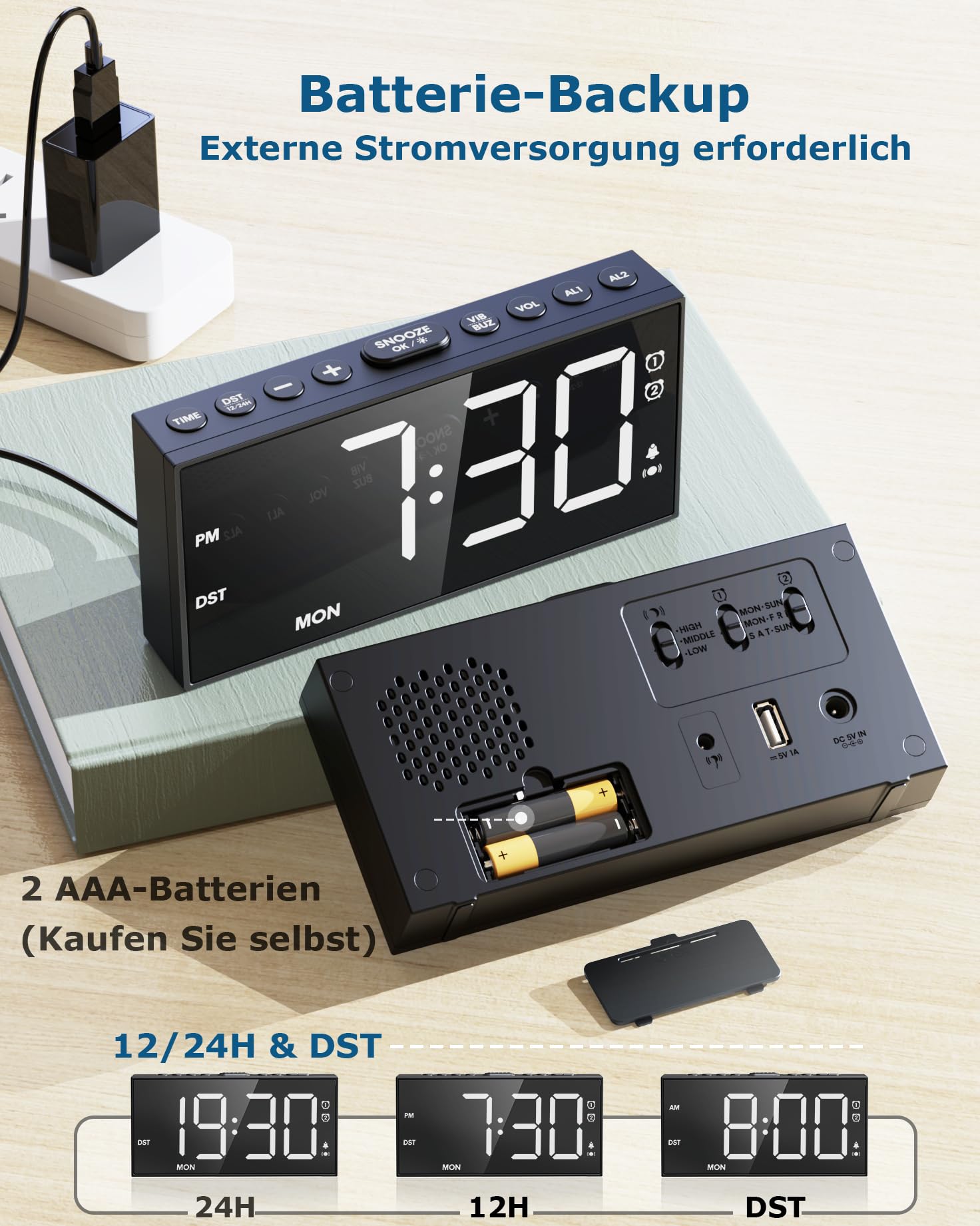 Sveglia Digitale Con Vibratore Per Letti, Display LED 11 Colori, 2 Allarmi E Porta USB
