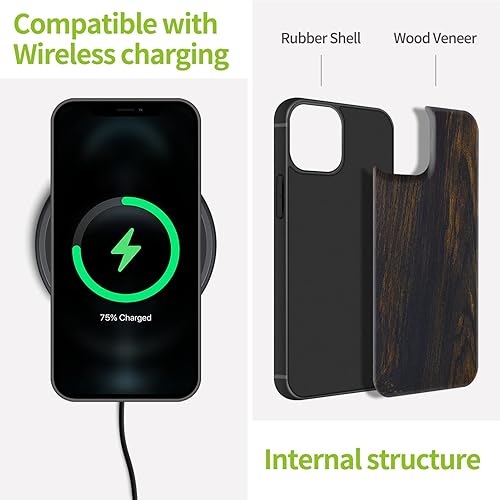 Miniatura 8 de Carveit Funda magnética de madera para iPhone 13 Pro MagSafe madera real dura y TPU suave a prueba de golpes, funda protectora única y elegante de
