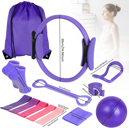 Miniatura 2 de Kit de pilates, equipo de pilates morado para mujer, con anillo de pilates y juego de pelotas, bandas de resistencia y accesorios de pilates, kit