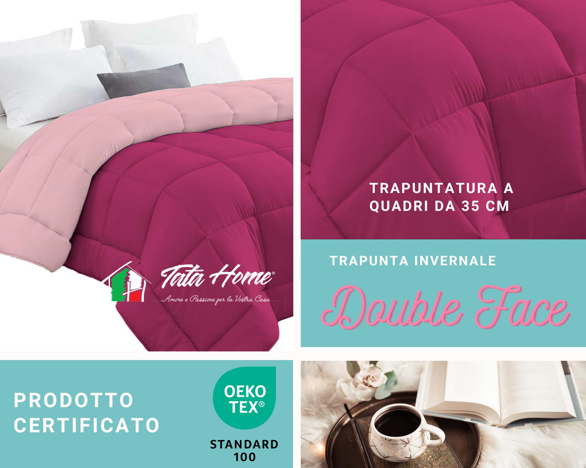 Tata Home Trapunta Invernale Tinta Unita Double Face Piazza Mezza Imbottita 350 gr/mq Piumone Caldo Letto Piazza e Mezza 220x260 cm Bicolore Rosa Fucsia Mod. J