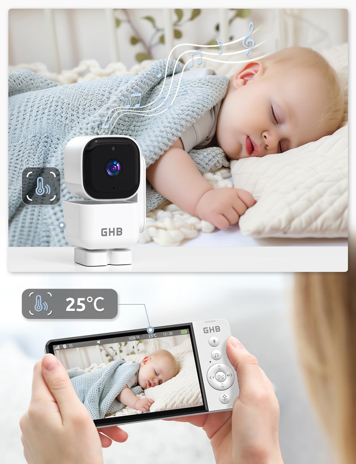 GHB Baby Monitor Video e Audio 5'', 350° Telecamera Rotante 720HD IPS Schermo, 5000mAh, Monitoraggio Temperatura, Visione Notturna, Audio Bidirezionale, VOX, Ninne Nanne