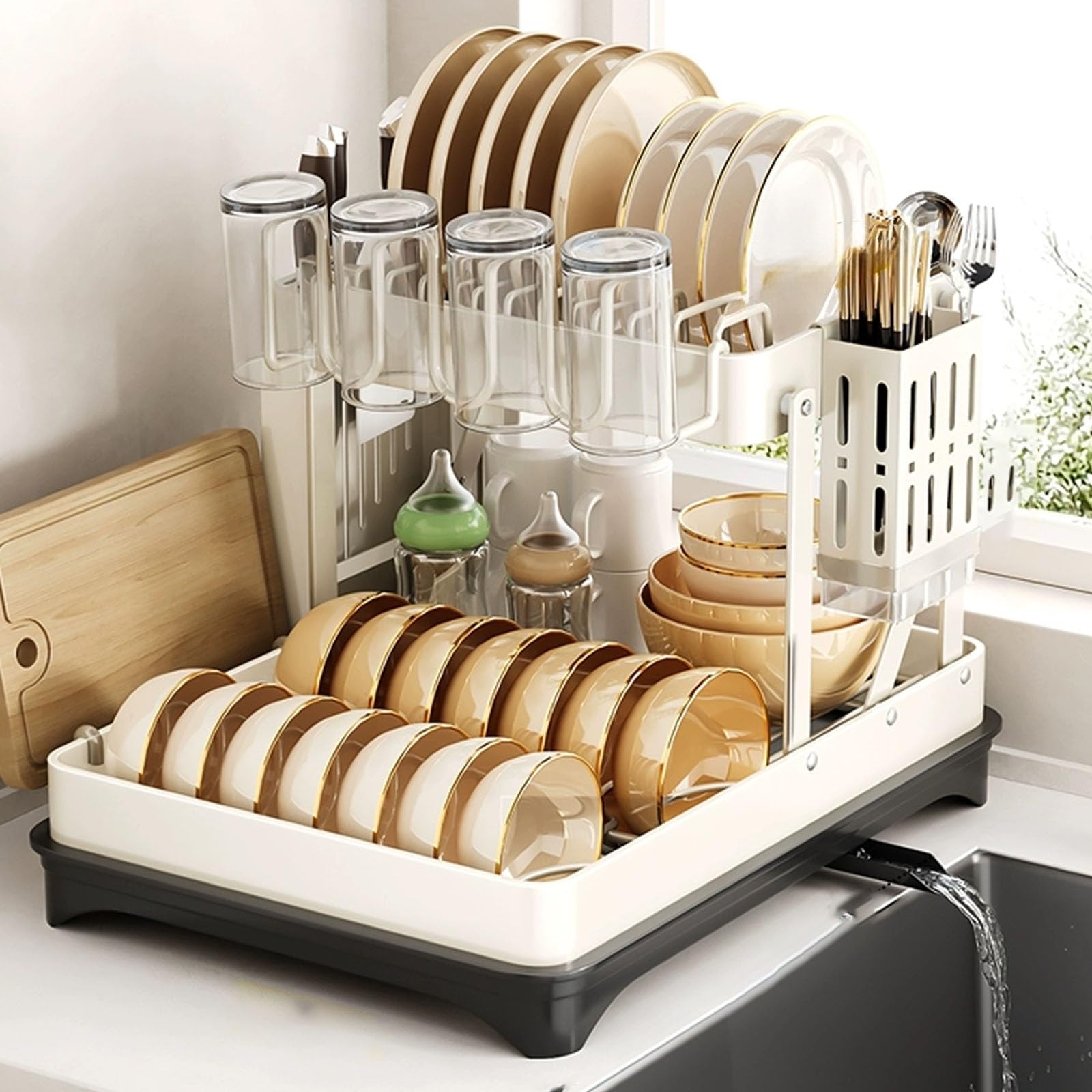 CAFIEDR Foldable Stainless Steel Dish Rack With Drainer Tray Spacesaving Kitchen Counter Dish Drying Rack White Dish Holder For Efficient Drying And Organization.White