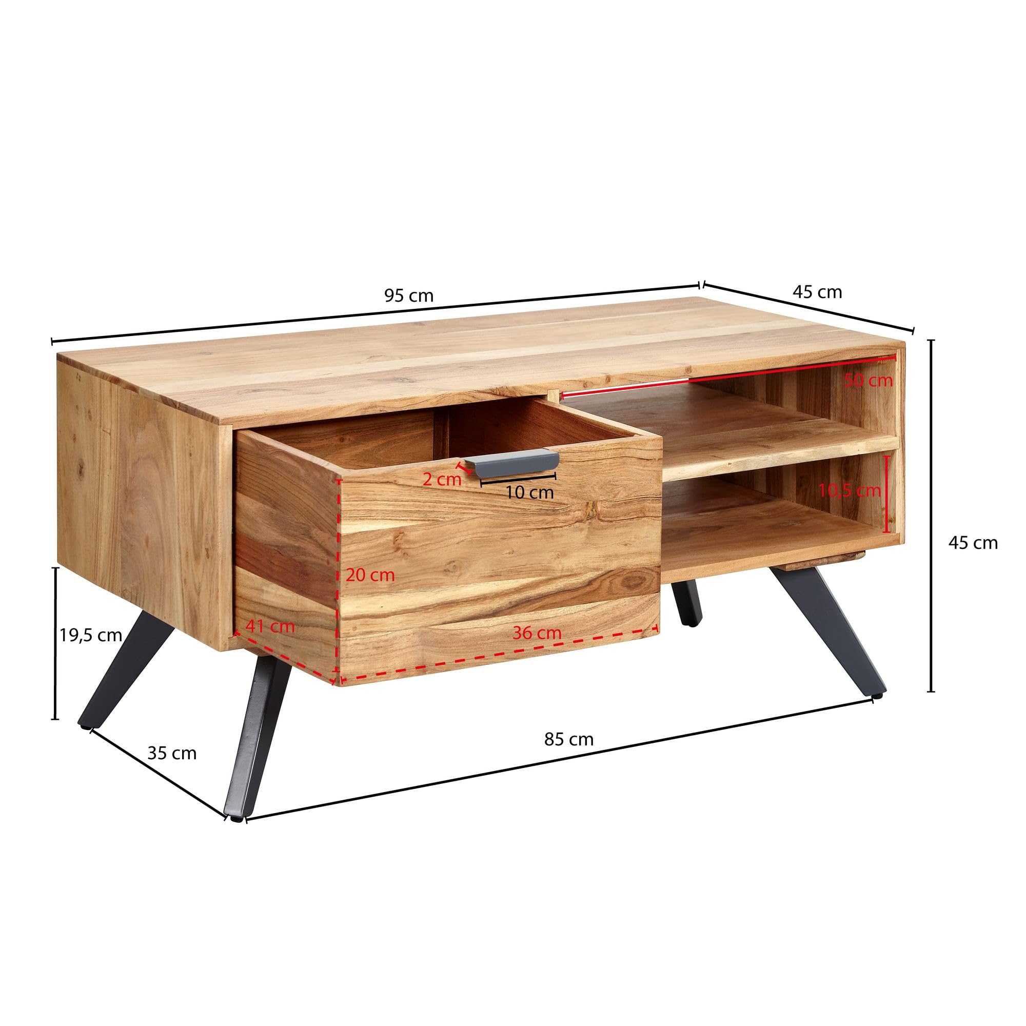FineBuy Koffietafel Massief Acacia-Hout 60 x 45 x 60 cm Salontafel Bruin | Tafelplein Woonkamer Moderne | Houten Tafel Bijzettafel met Opbergvak