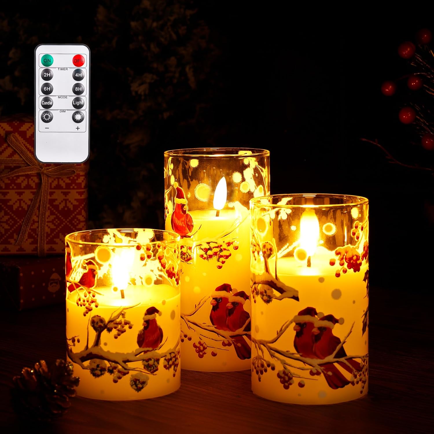 3 Pack Red Bird Glass Flameless Candles, Christmas Battery Operated LED Candles with Remote Timers, Realistic Wax Pillar Candles for Xmas Bedroom Home Decor Table Ornament (3”x4”5”6”) - Image 7