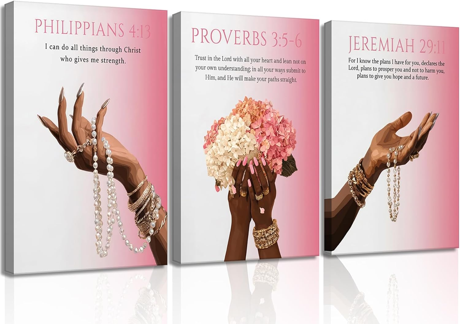 3Pcs Pink Christian Canvas Wall Art Black Girl Fashion Scripture Religious Posters Prints Preppy Bible Verse Pictures Wall Decor for Girl Room Bedroom Home Living Room Decorations Ready to Hang