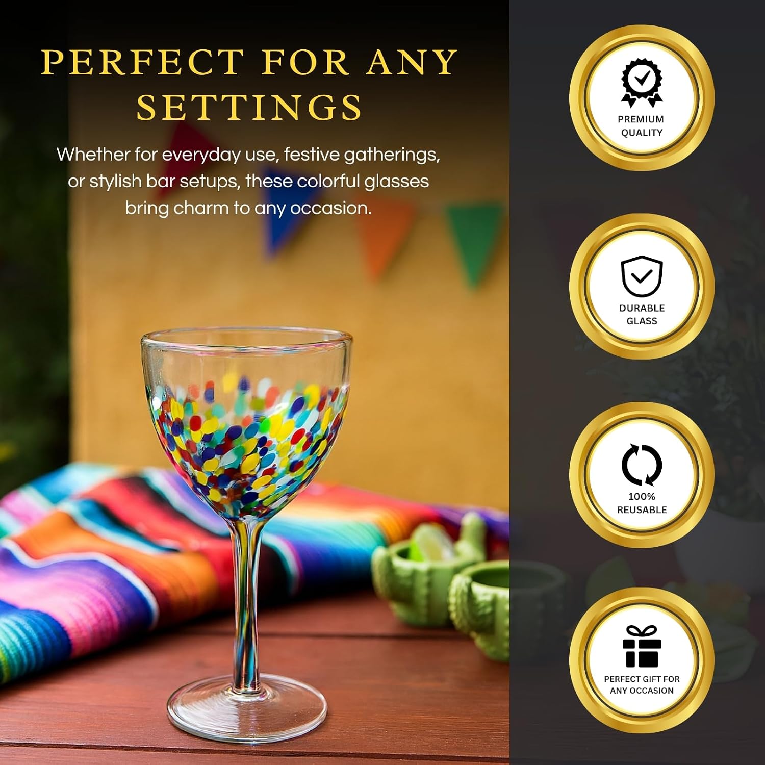 Recycled Glass Wine Glasses - Mexican Set of 6, Luxury Hand Blown for Wine and Water (8 Ounces Each) - Cobalt Cinco De Mayo Confetti Glasses