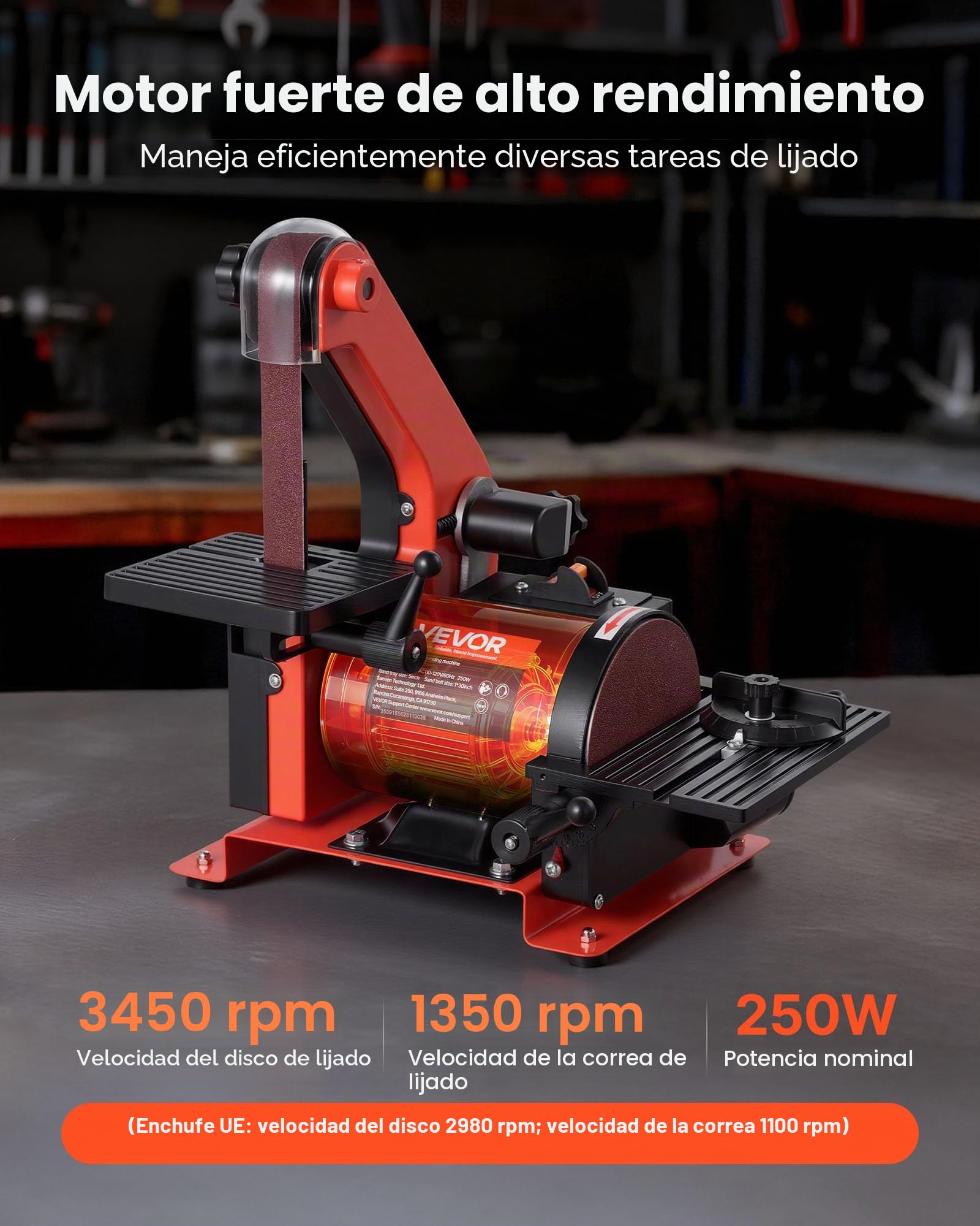 VEVOR Lijadora de banda y disco de 250 W, con disco 127 mm y banda 25,4 x 762 mm, mesa de trabajo ajustable de 0 a 45° y puerto de extracción de polvo para carpintería y afilado de cuchillos