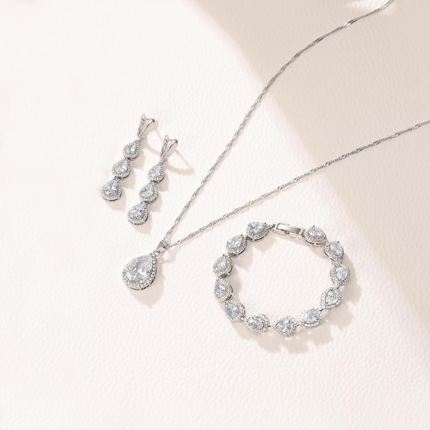 Crysdue Cubic Zirconia Teardrop Pendant Necklace Long Earrings Tennis Bracelet Set, Sparkle Classic Prom Wedding Jewelry Set for Women Brides Bridesmaid - Image 4